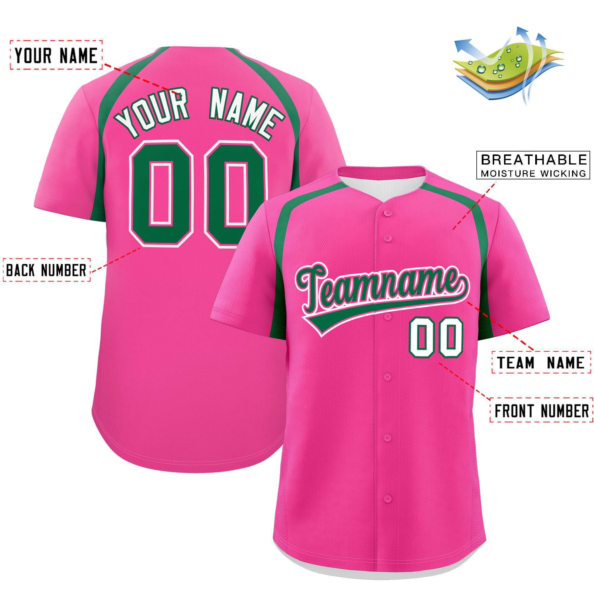 Custom Pink Kelly Green Personalized Color Block Authentic Baseball Jersey