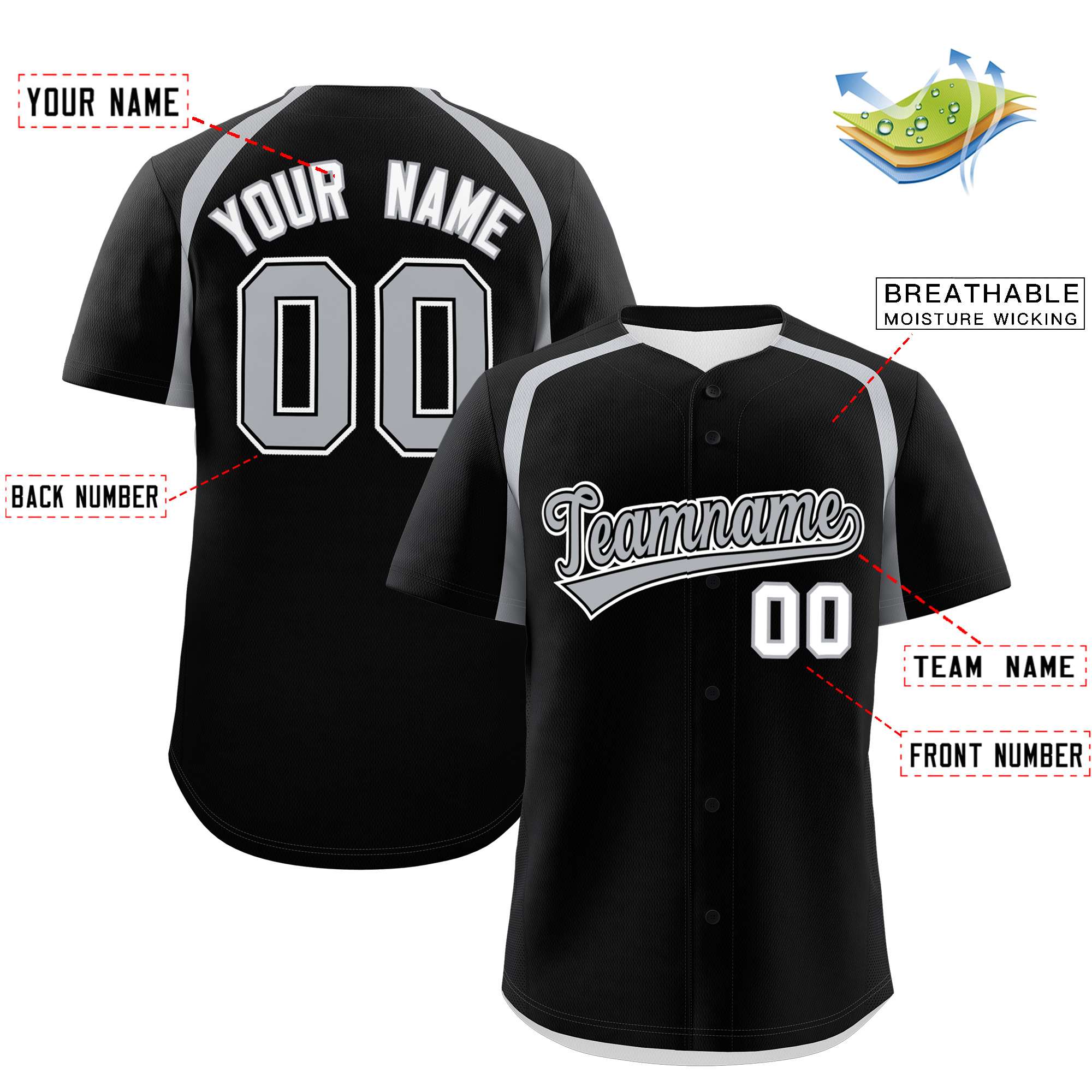 Custom Black Silver Personalized Color Block Authentic Baseball Jersey