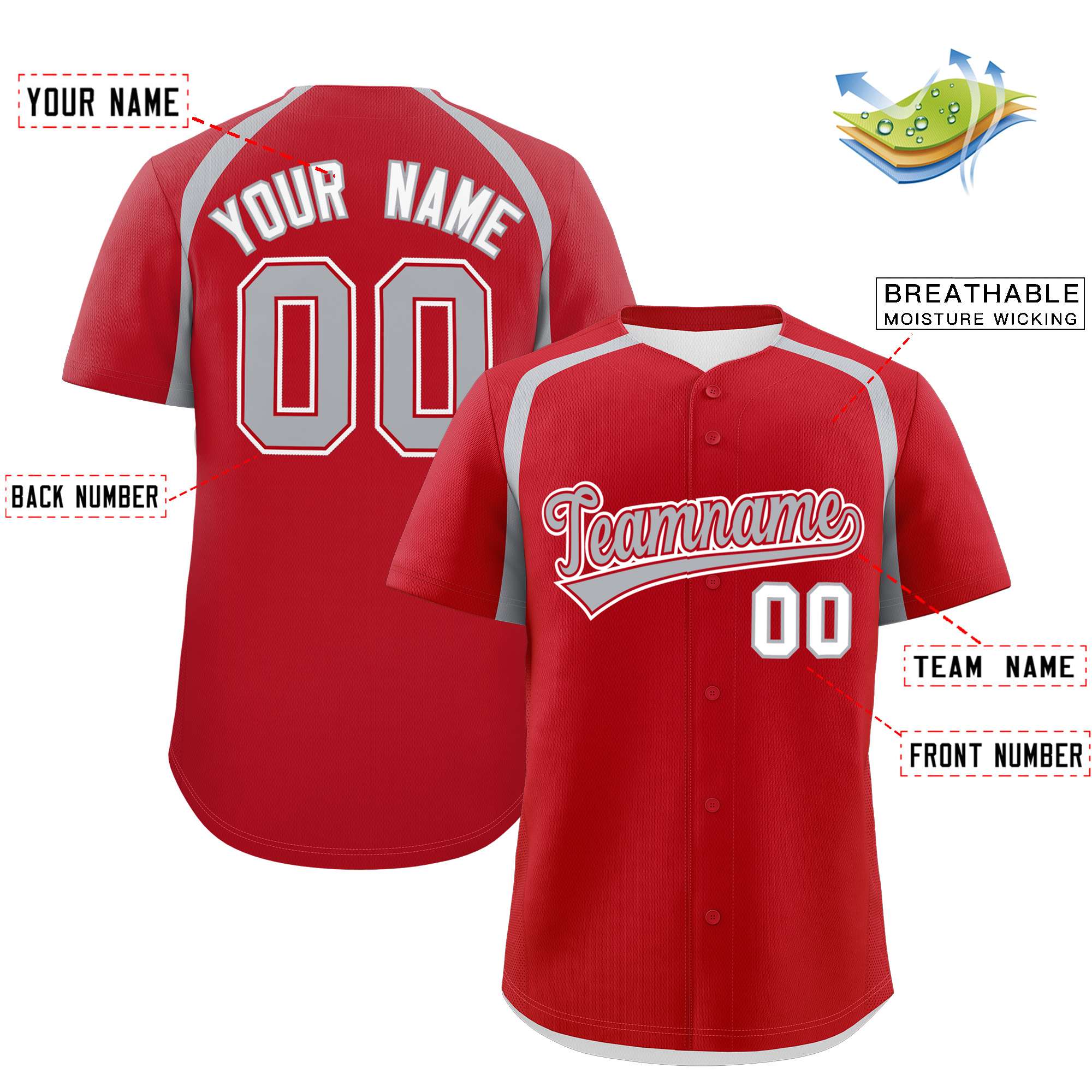 Custom Red Silver Personalized Color Block Authentic Baseball Jersey