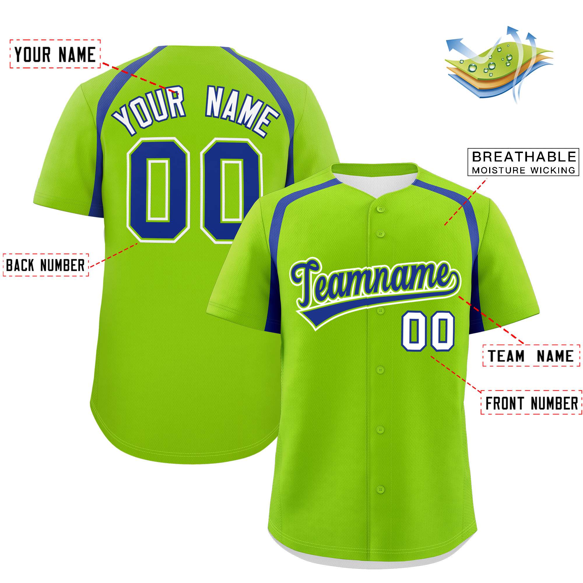 Custom Neon Green Royal Personalized Color Block Authentic Baseball Jersey