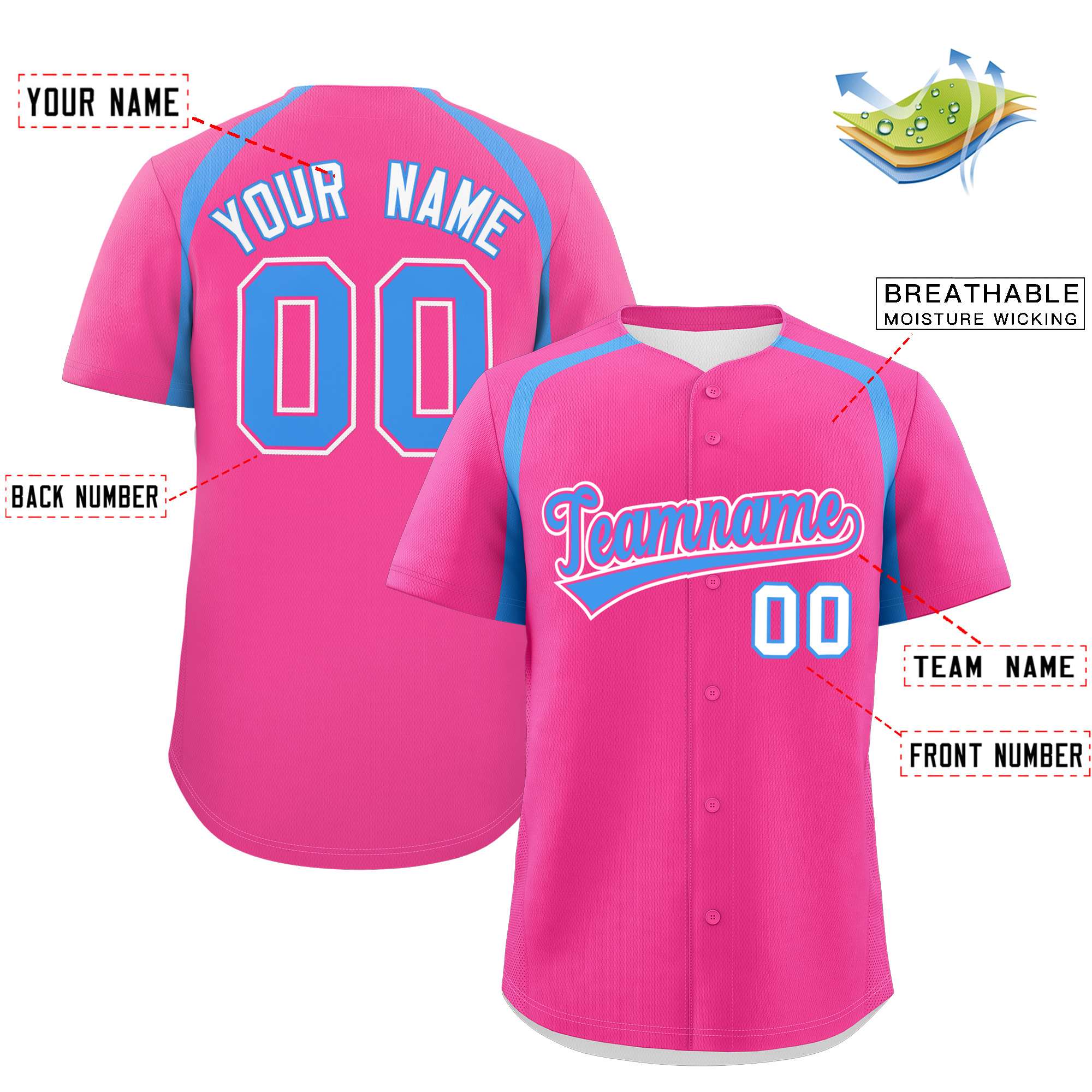 Custom Pink Powder Blue Personalized Color Block Authentic Baseball Jersey