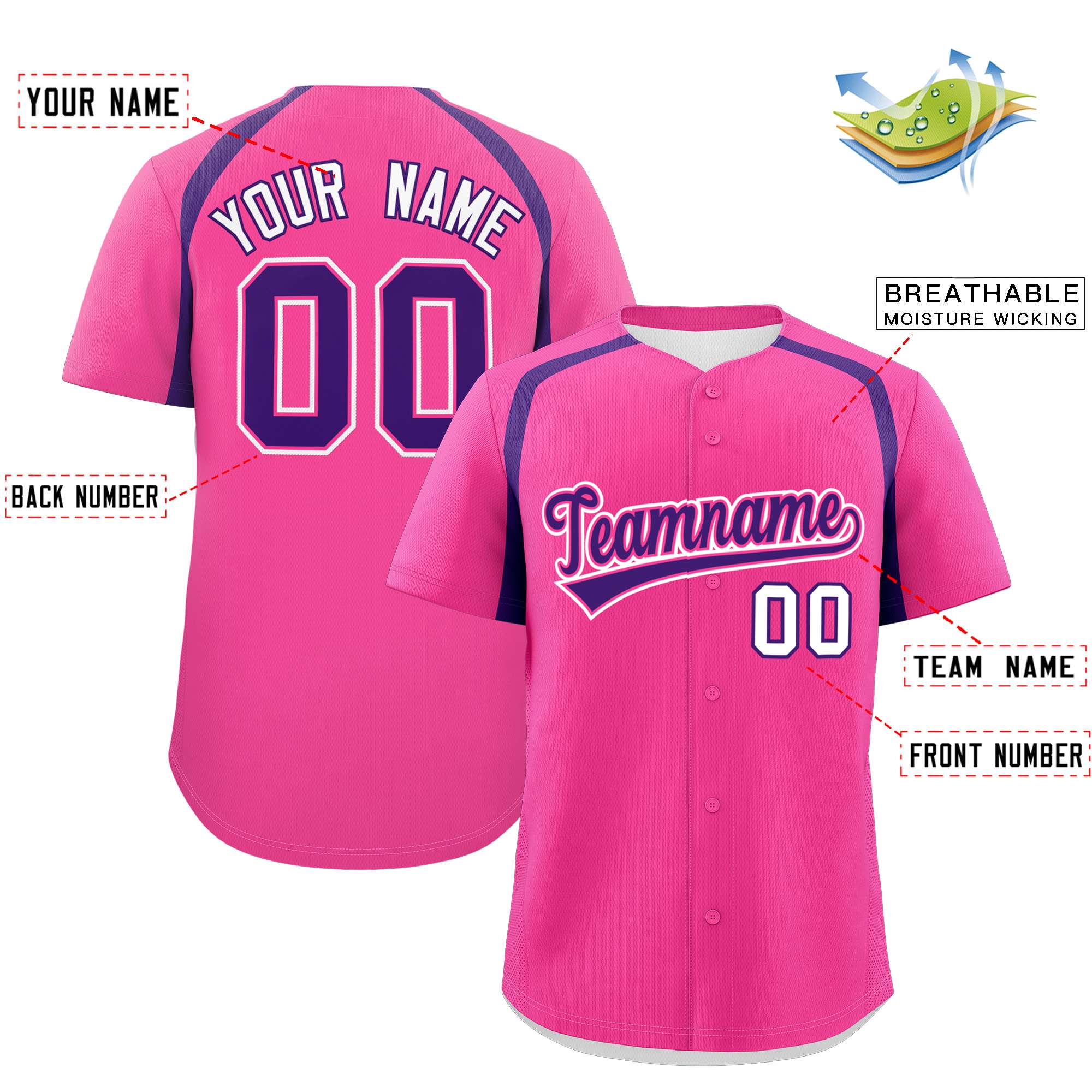 Custom Pink Purple Personalized Color Block Authentic Baseball Jersey