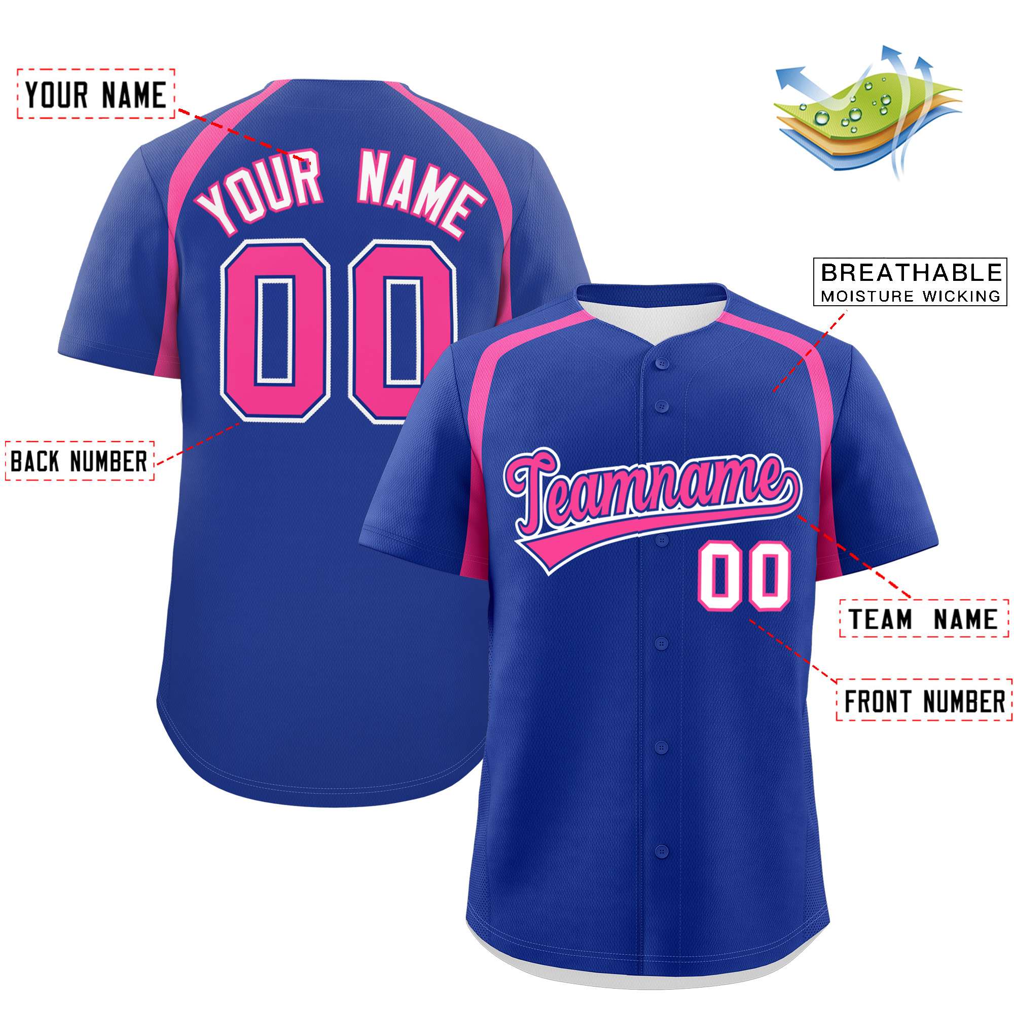 Custom Royal Pink Personalized Color Block Authentic Baseball Jersey