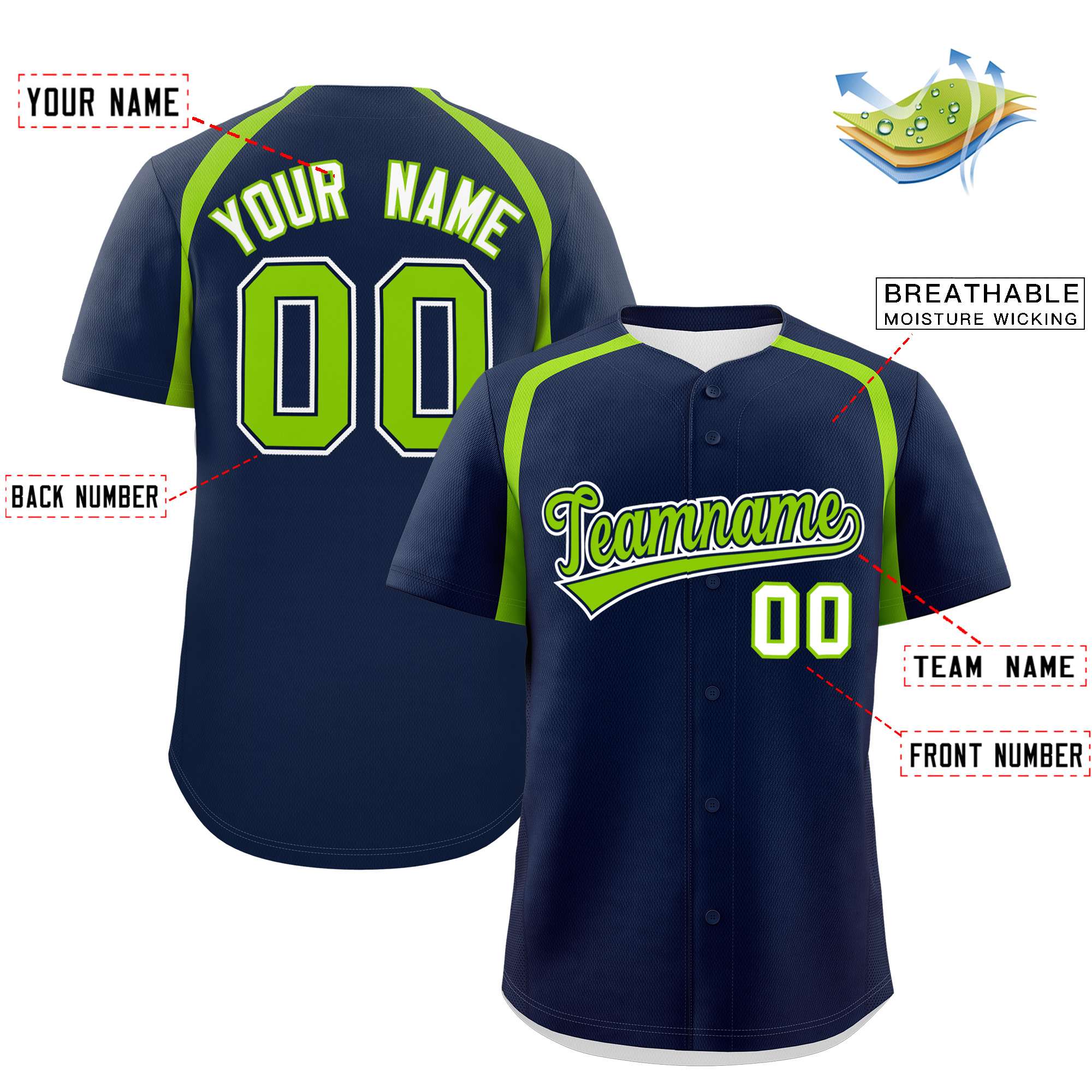 Custom Navy Neon Green Personalized Color Block Authentic Baseball Jersey