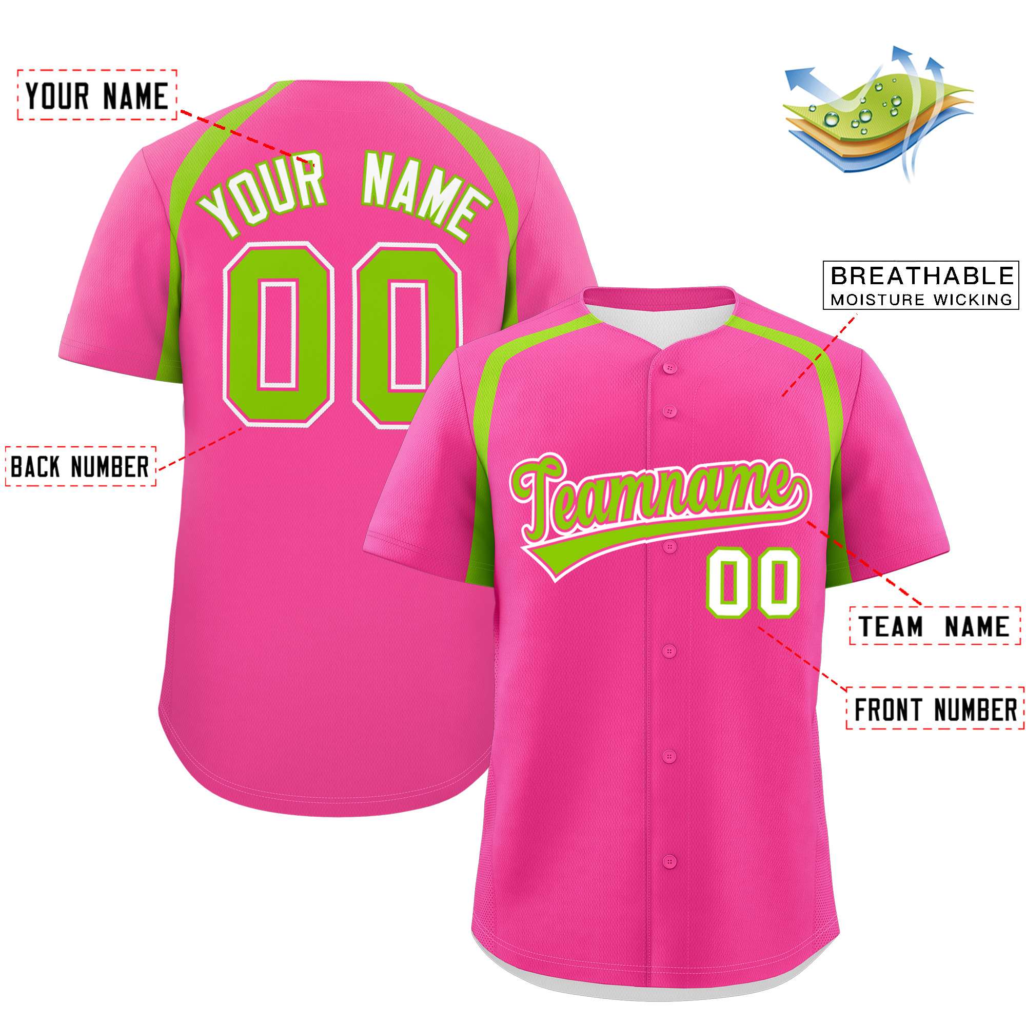 Custom Pink Neon Green Personalized Color Block Authentic Baseball Jersey