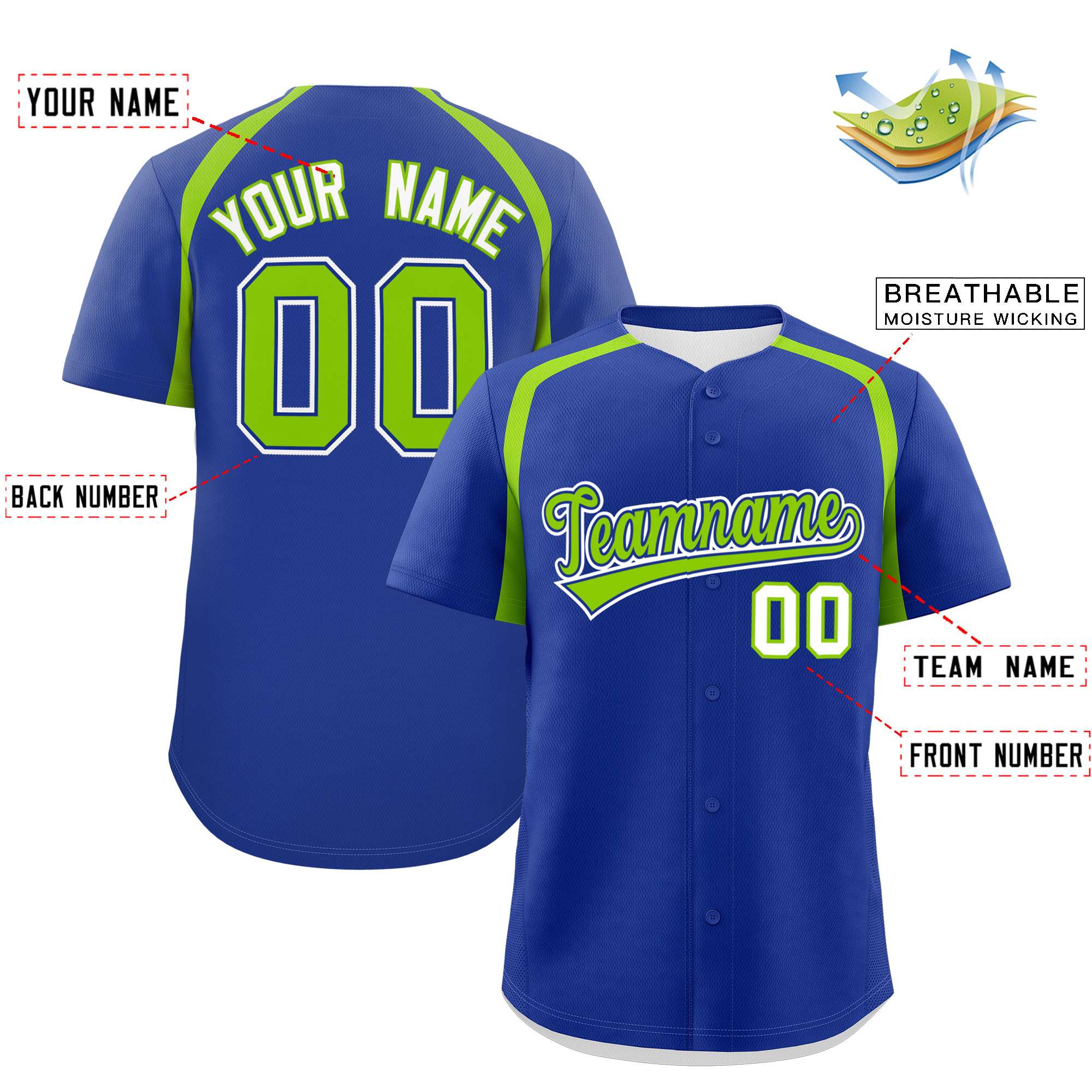 Custom Royal Neon Green Personalized Color Block Authentic Baseball Jersey