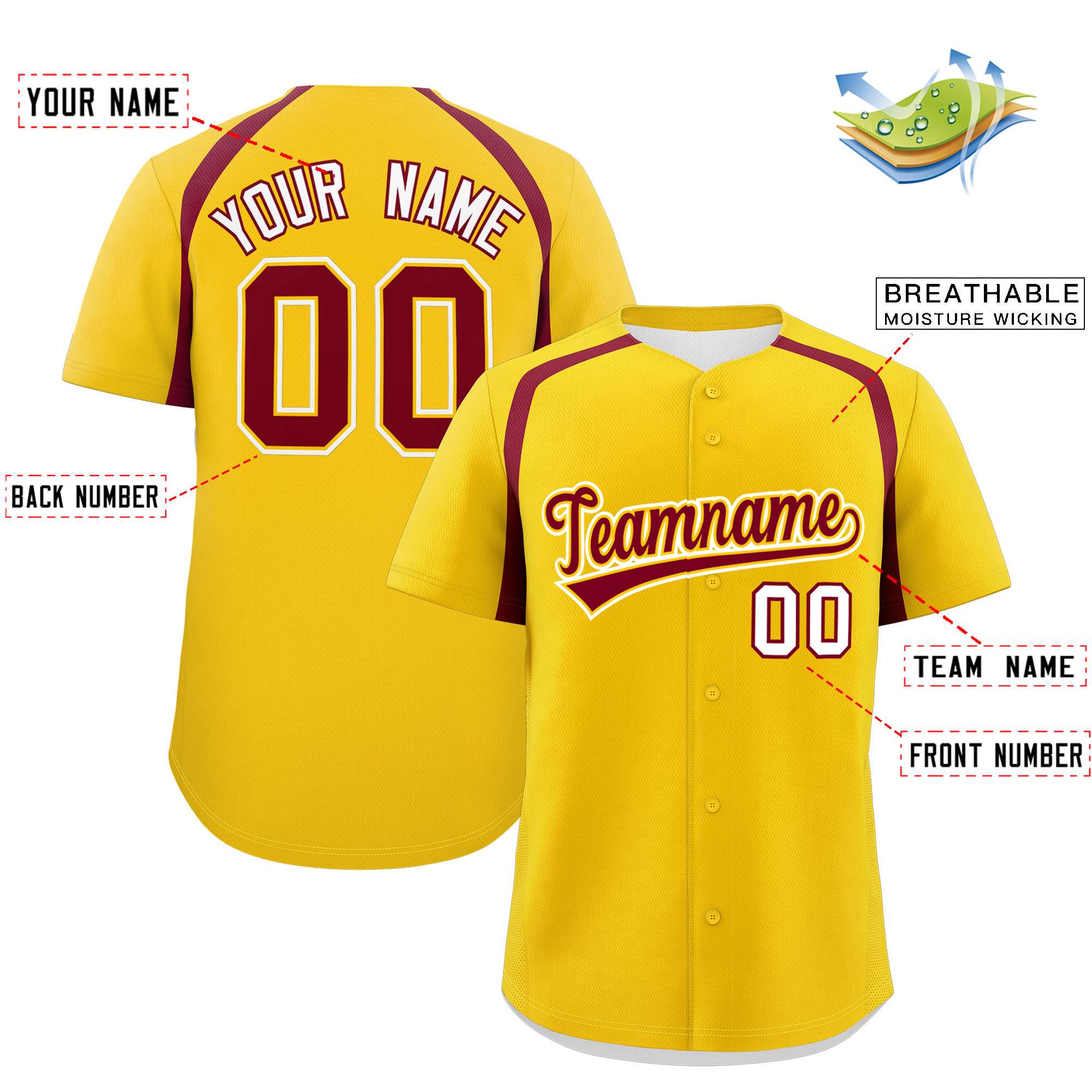 Custom Gold Crimson Personalized Color Block Authentic Baseball Jersey