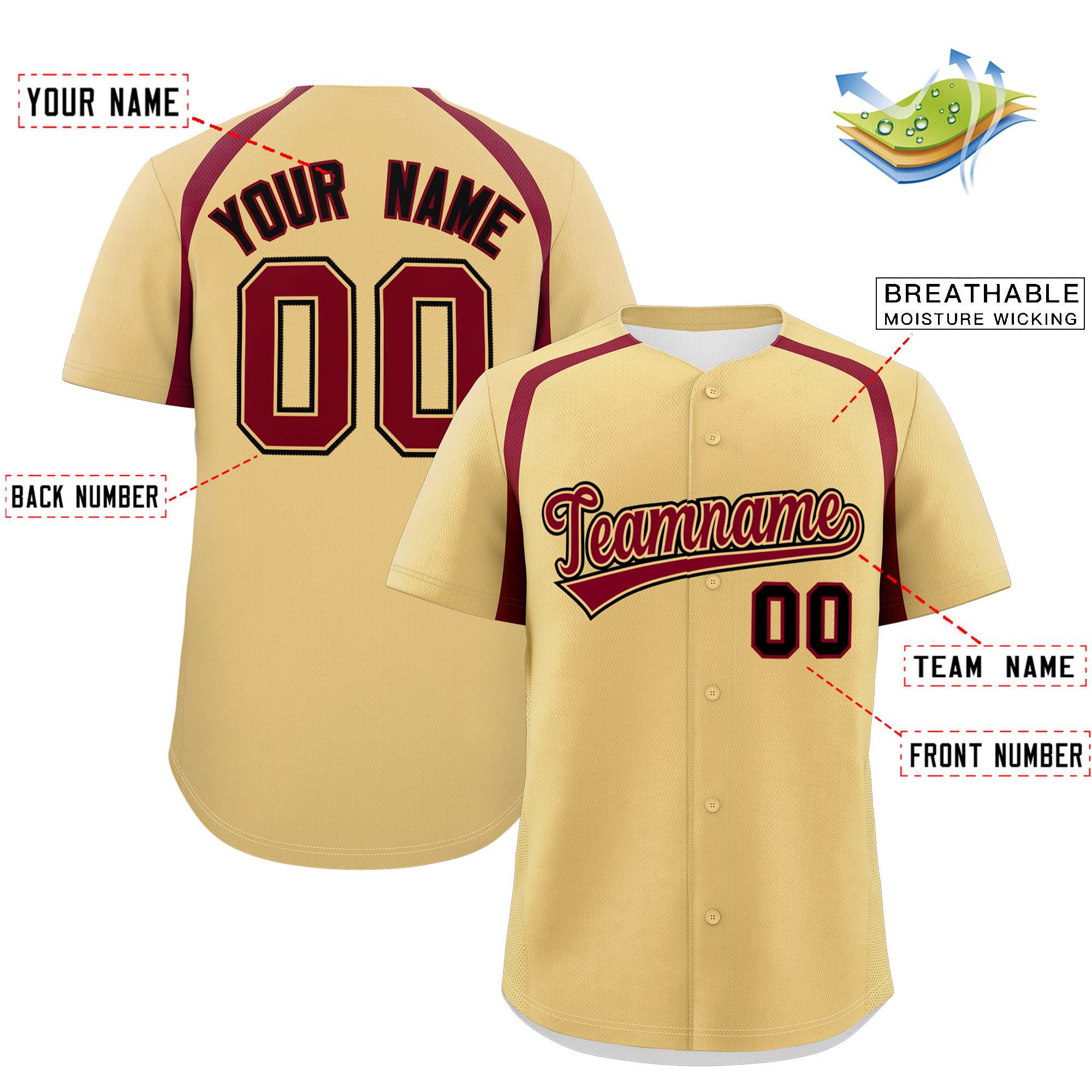 Custom Khaki Crimson Personalized Color Block Authentic Baseball Jersey