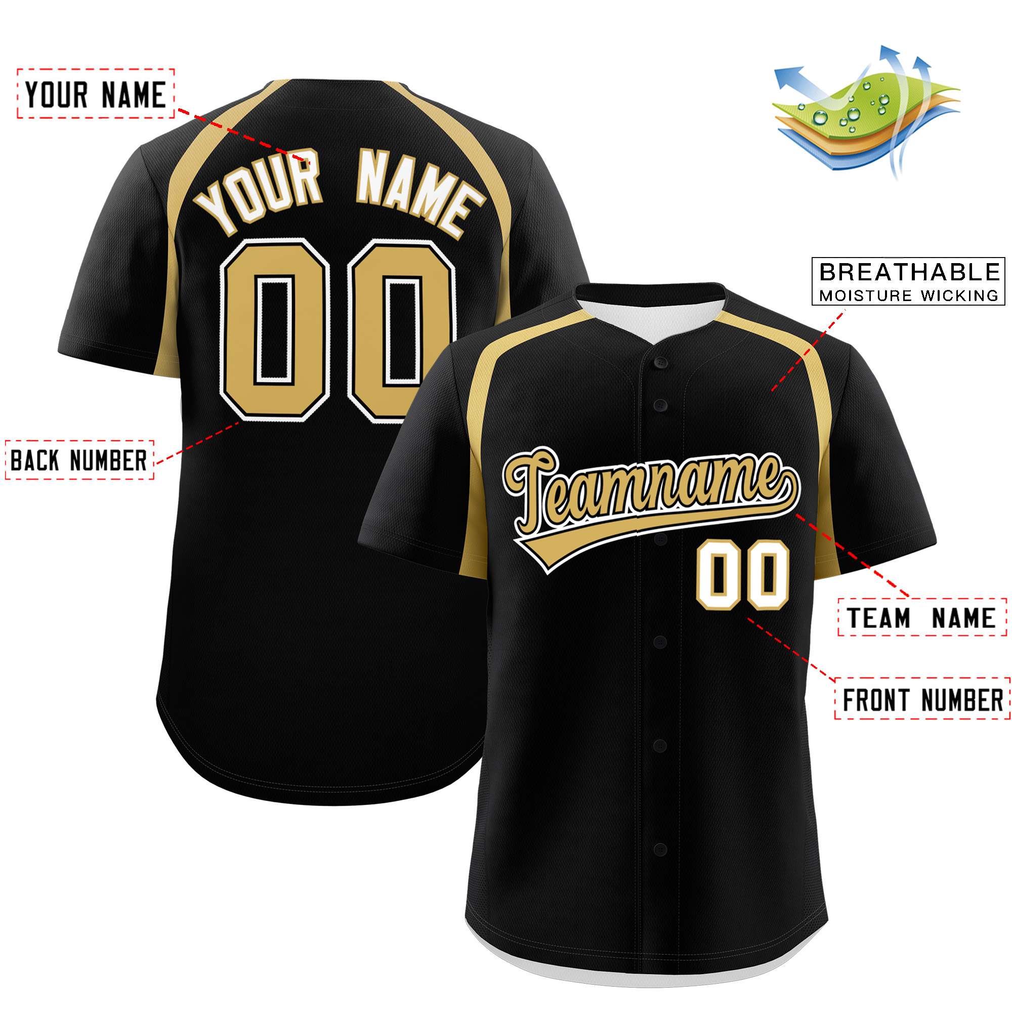 Custom Black Old Gold Personalized Color Block Authentic Baseball Jersey