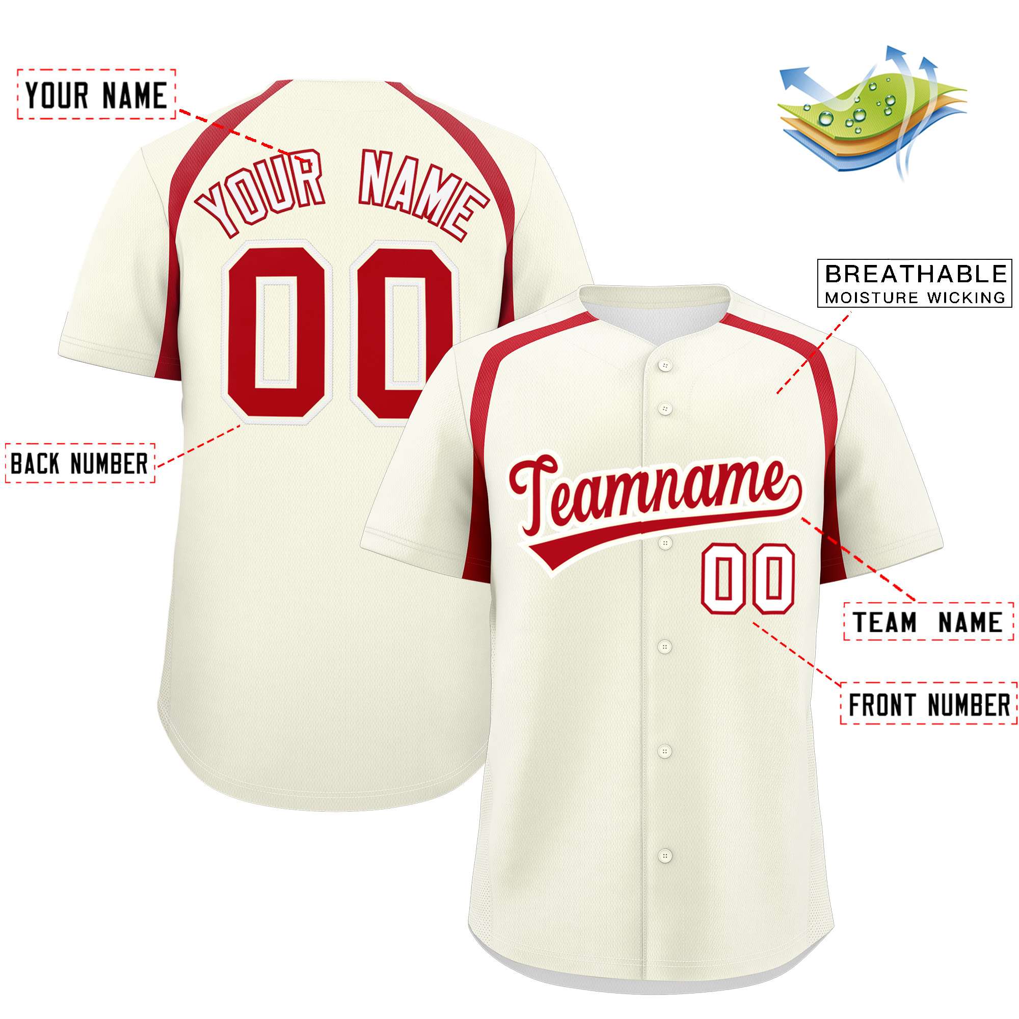 Custom Cream Red Personalized Color Block Authentic Baseball Jersey