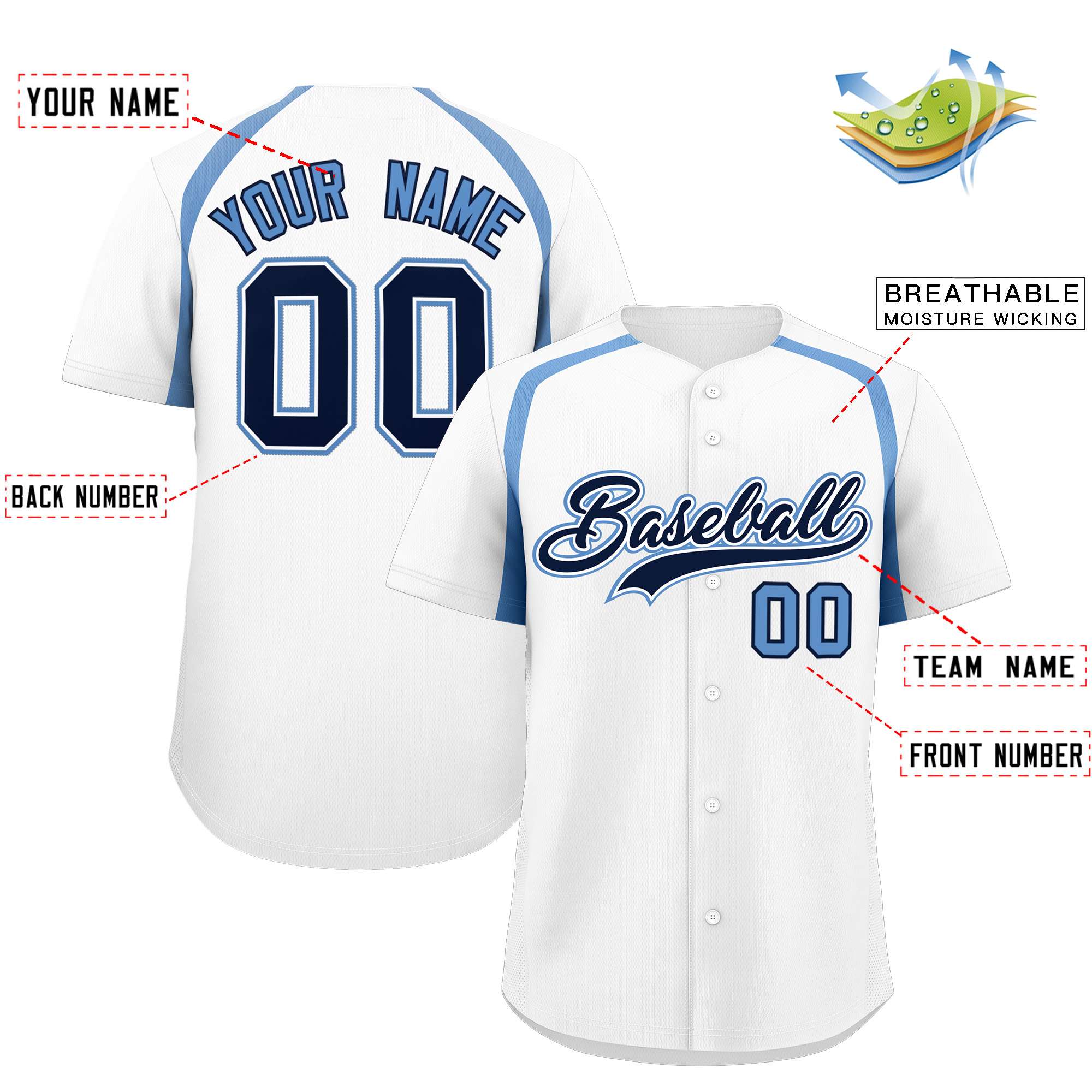 Custom White Light Blue Personalized Color Block Authentic Baseball Jersey