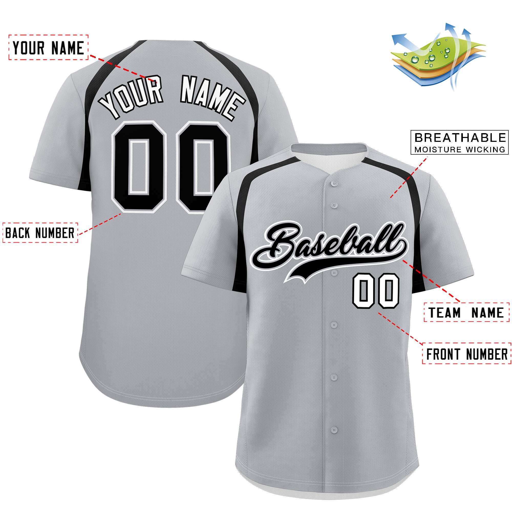 Custom Silver Black Personalized Color Block Authentic Baseball Jersey