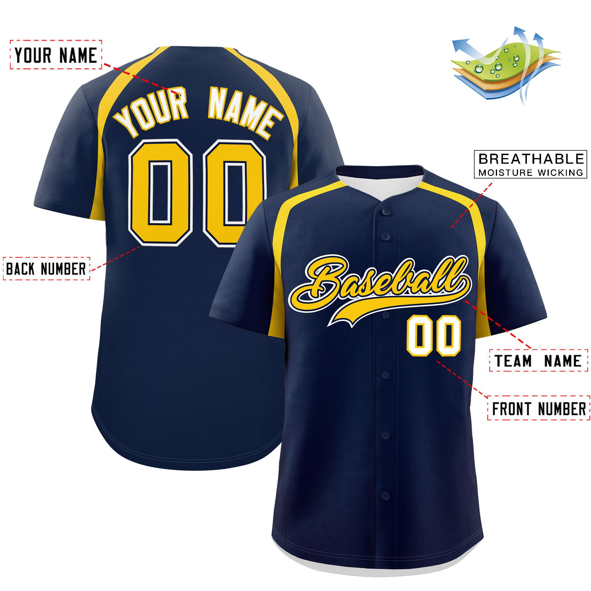 Custom Navy Gold Personalized Color Block Authentic Baseball Jersey