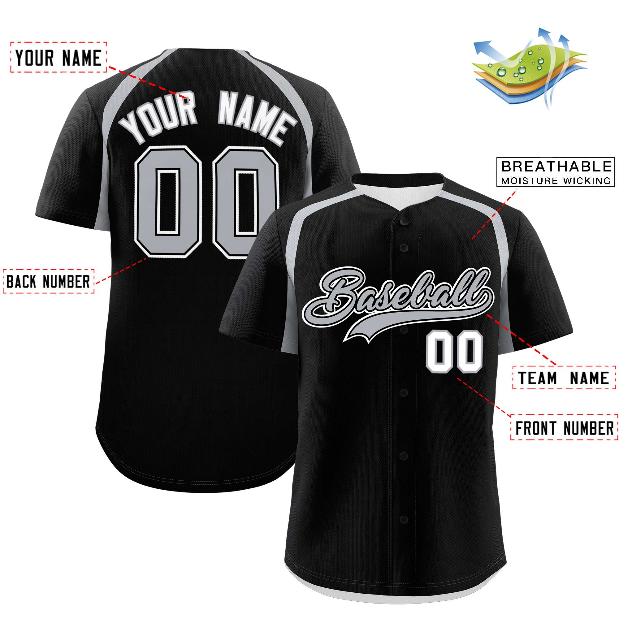 Custom Black Silver Personalized Color Block Authentic Baseball Jersey