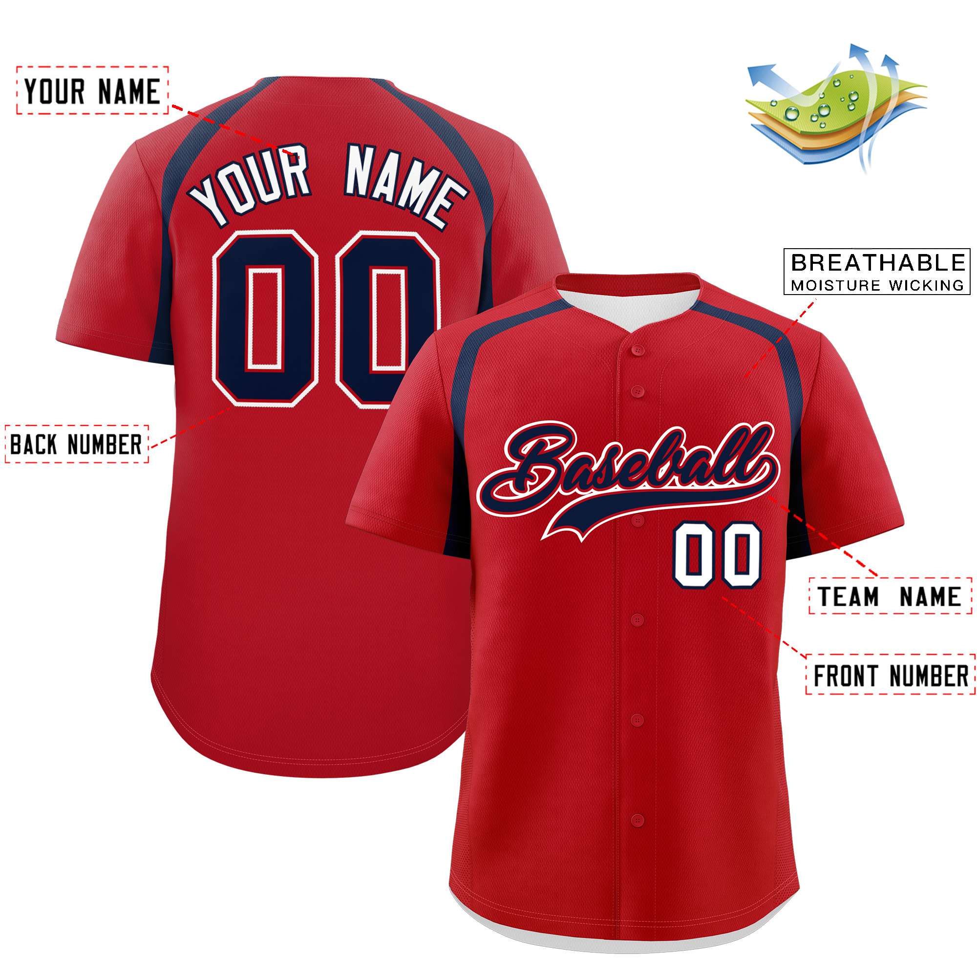 Custom Red Navy Personalized Color Block Authentic Baseball Jersey