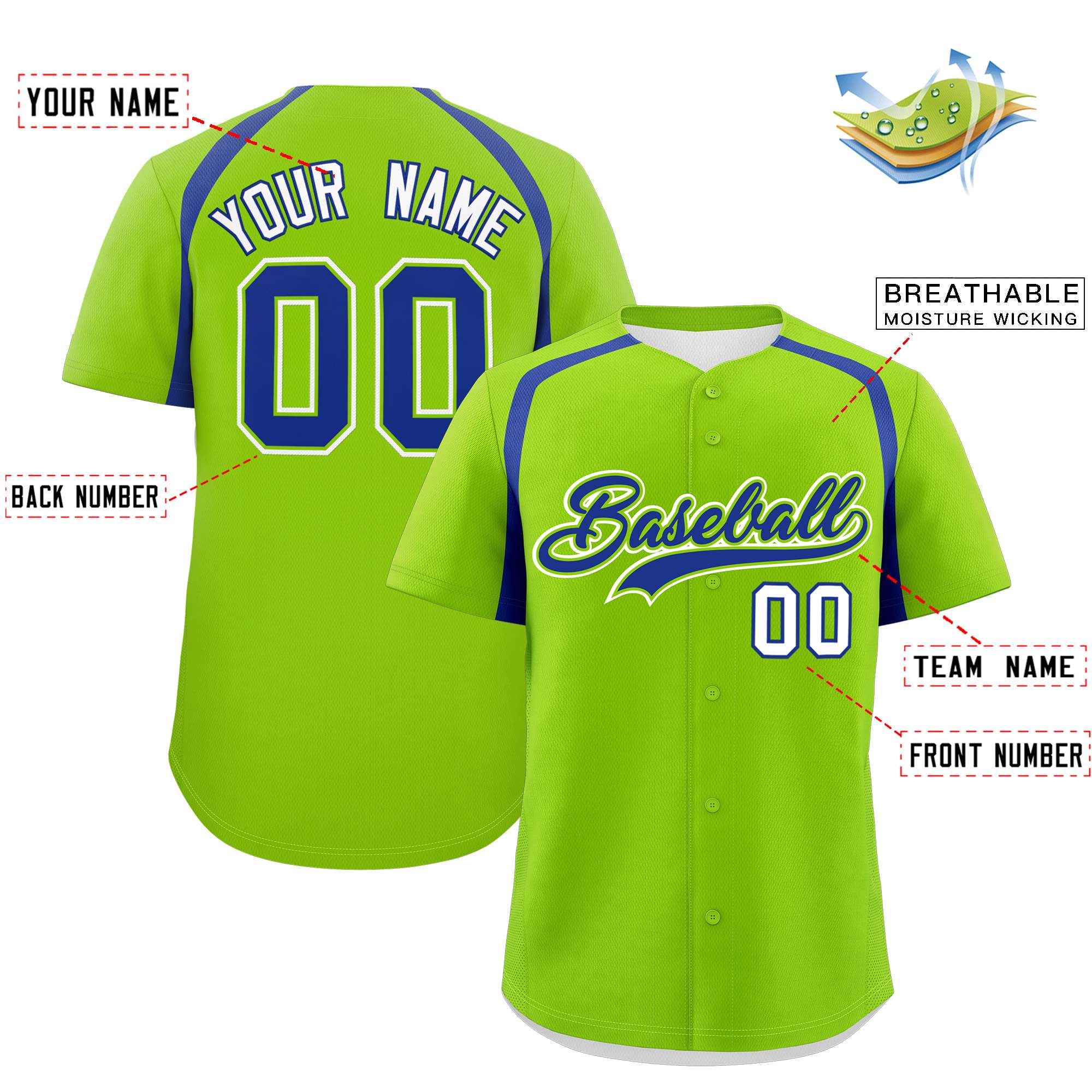 Custom Neon Green Royal Personalized Color Block Authentic Baseball Jersey