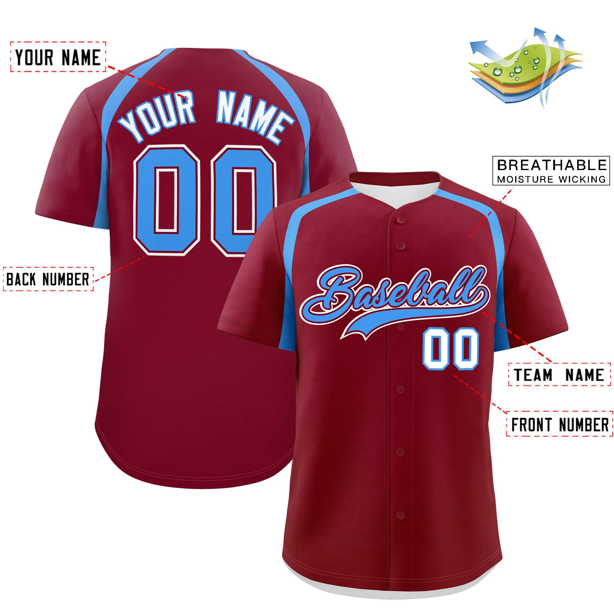 Custom Crimson Powder Blue Personalized Color Block Authentic Baseball Jersey