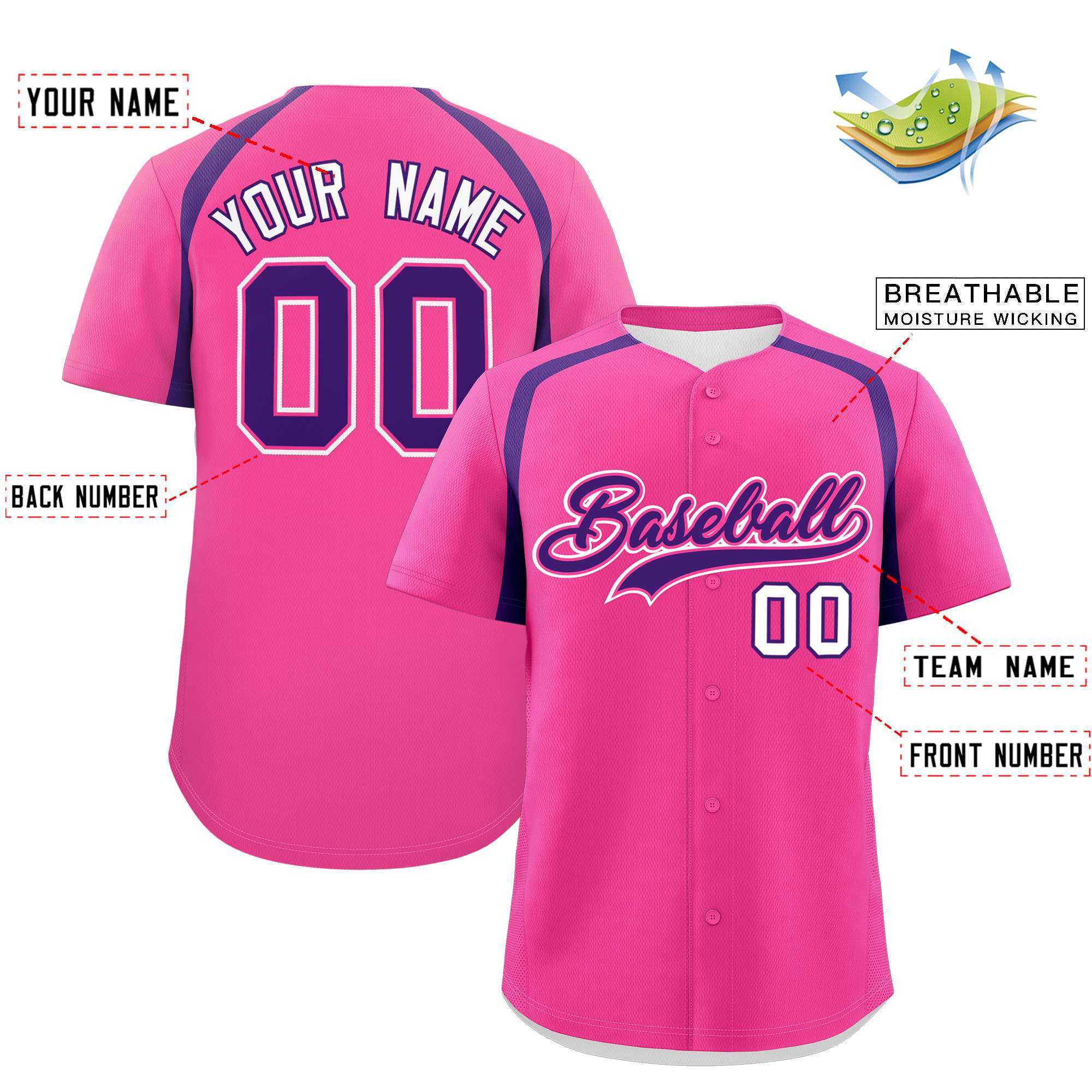 Custom Pink Purple Personalized Color Block Authentic Baseball Jersey