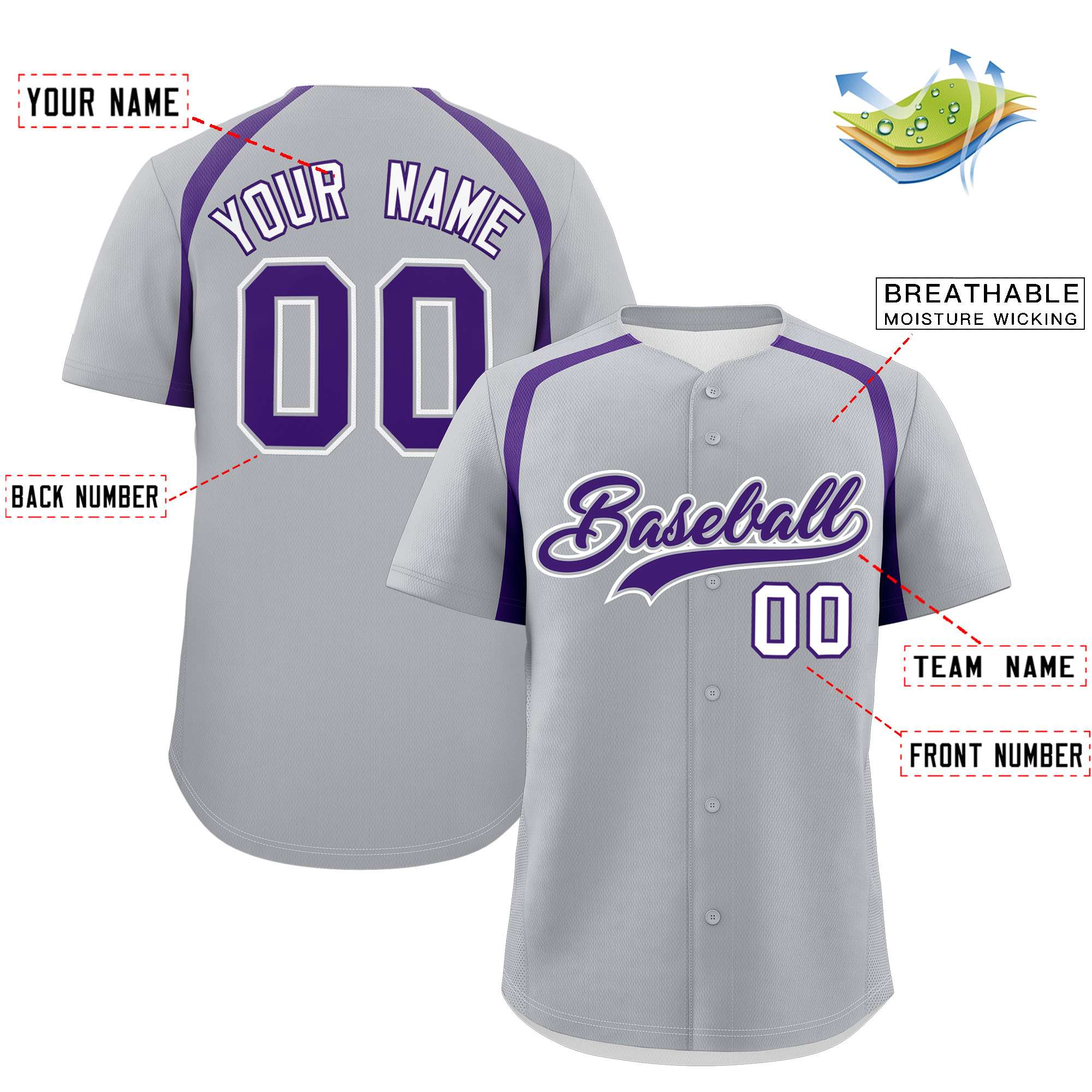 Custom Silver Purple Personalized Color Block Authentic Baseball Jersey