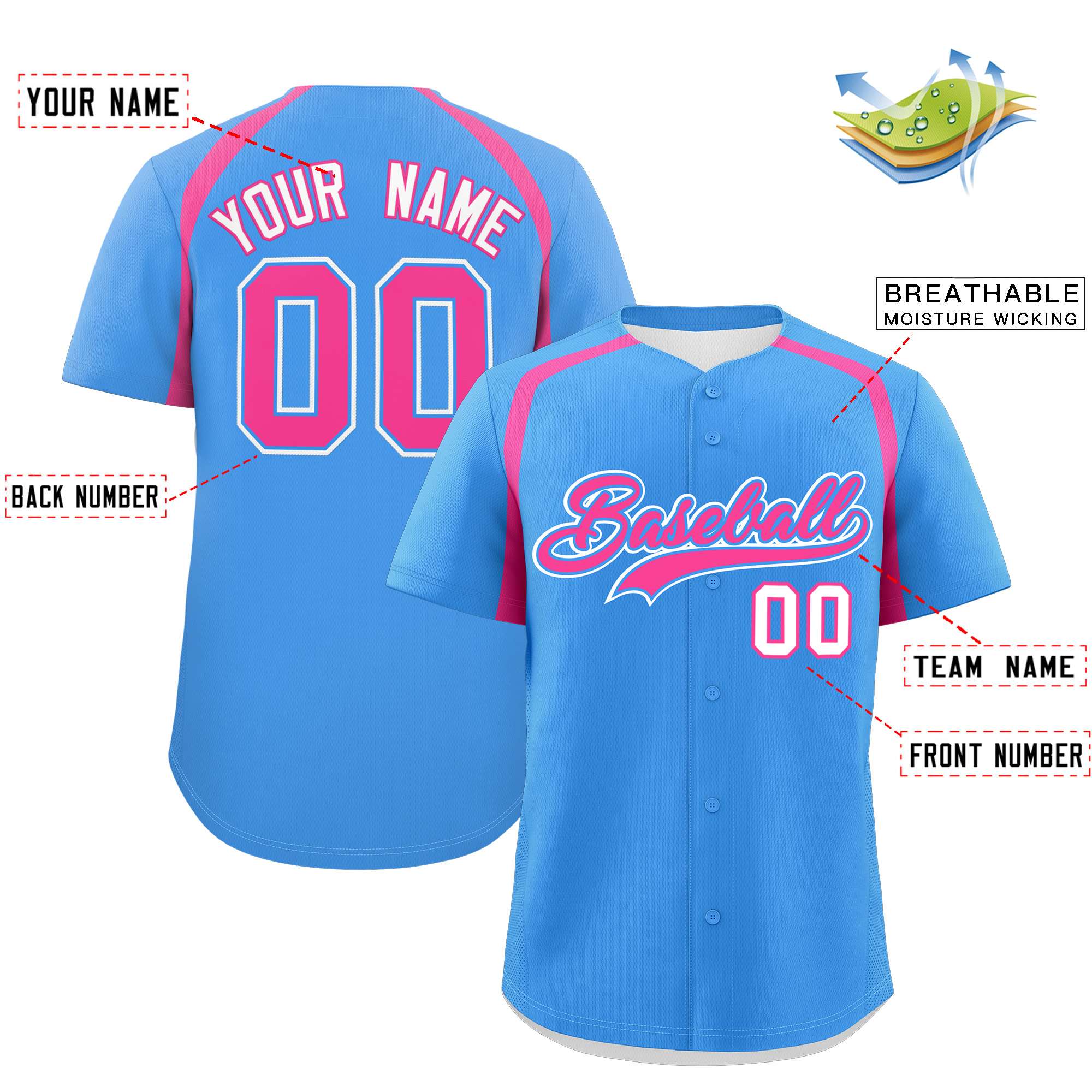 Custom Powder Blue Pink Personalized Color Block Authentic Baseball Jersey