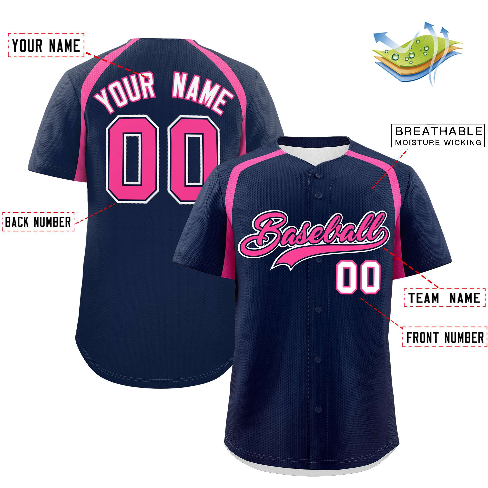 Custom Navy Pink Personalized Color Block Authentic Baseball Jersey