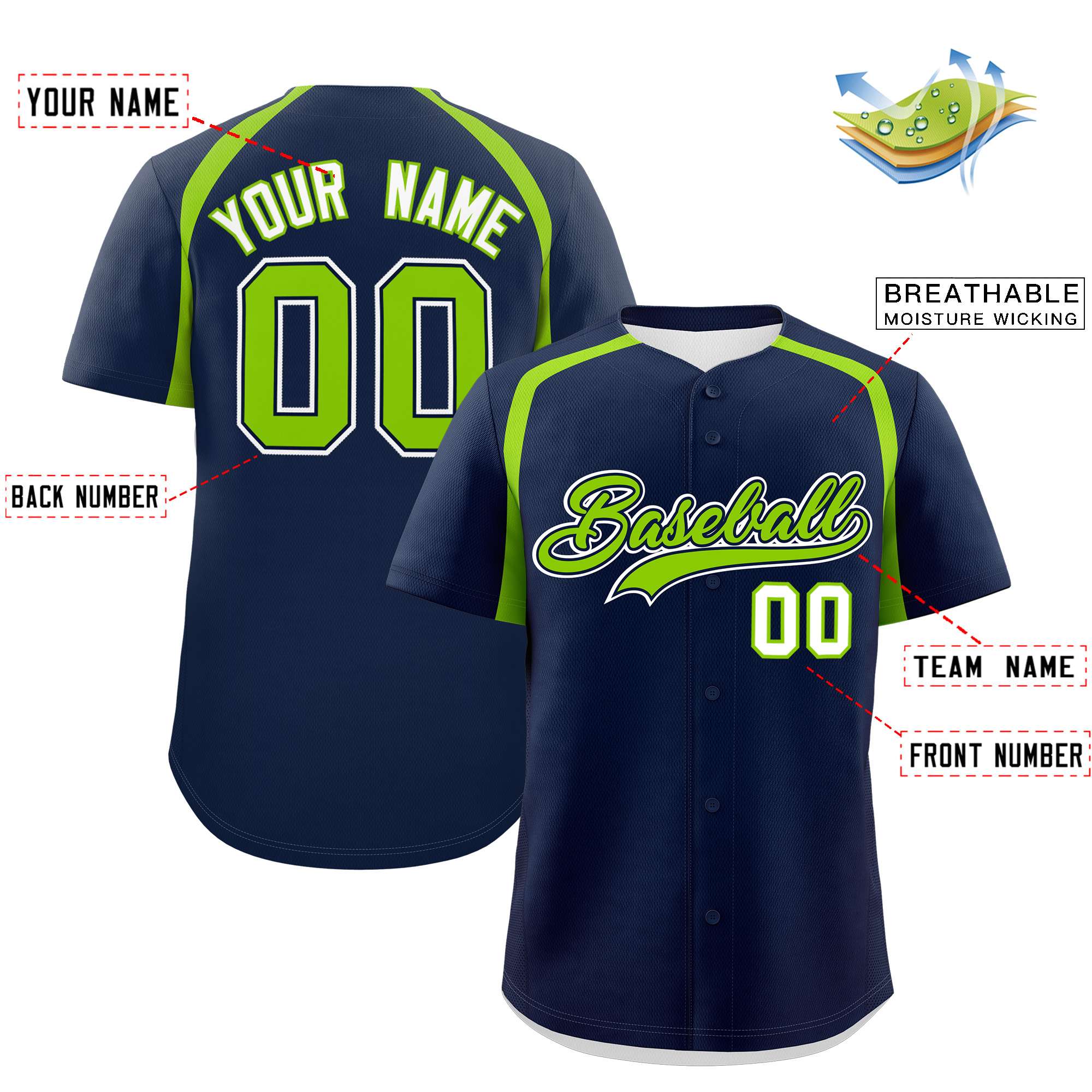 Custom Navy Neon Green Personalized Color Block Authentic Baseball Jersey