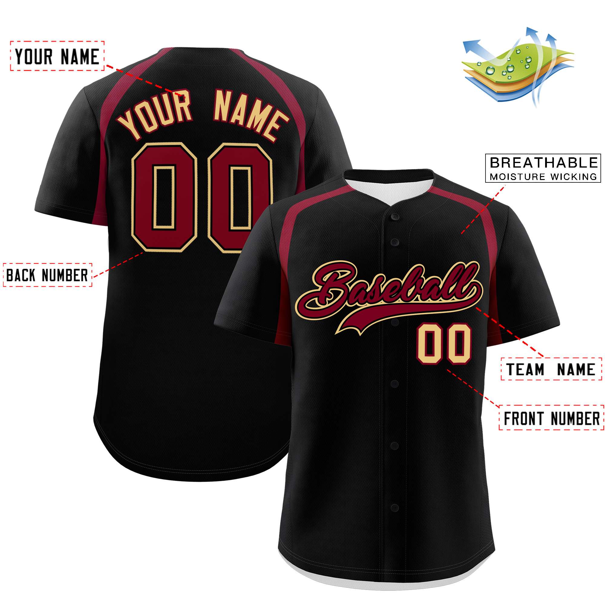 Custom Black Crimson Personalized Color Block Authentic Baseball Jersey