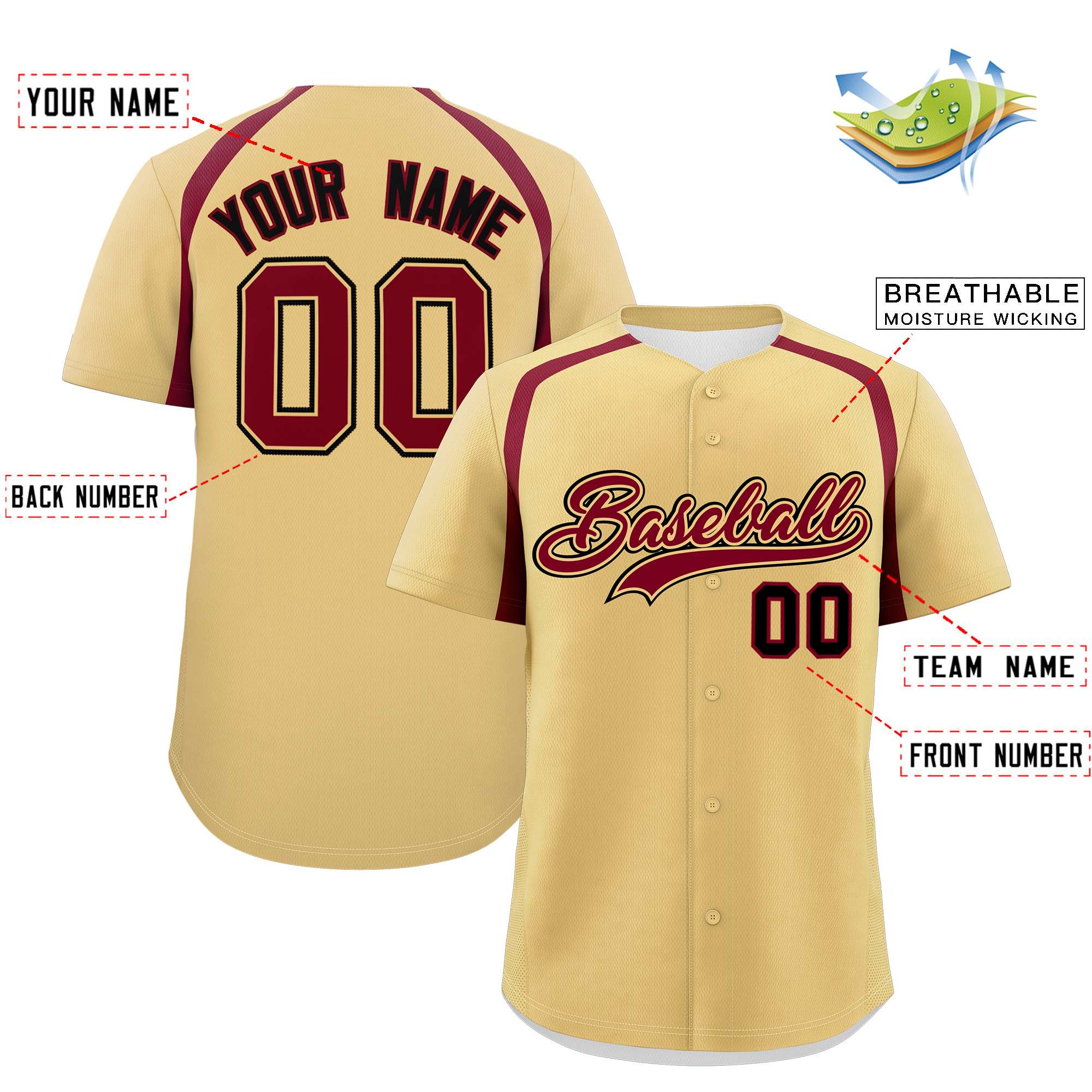 Custom Khaki Crimson Personalized Color Block Authentic Baseball Jersey