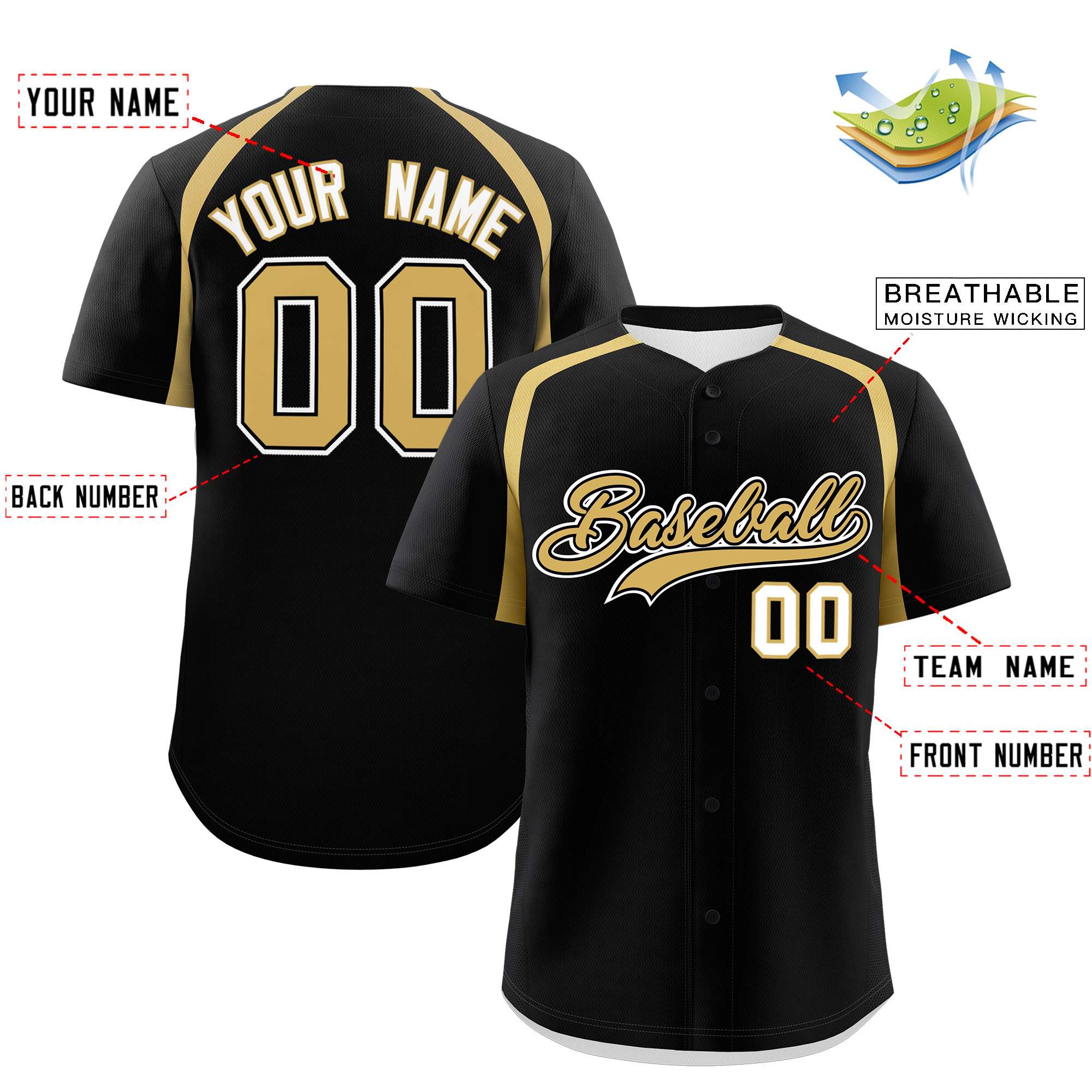 Custom Black Old Gold Personalized Color Block Authentic Baseball Jersey