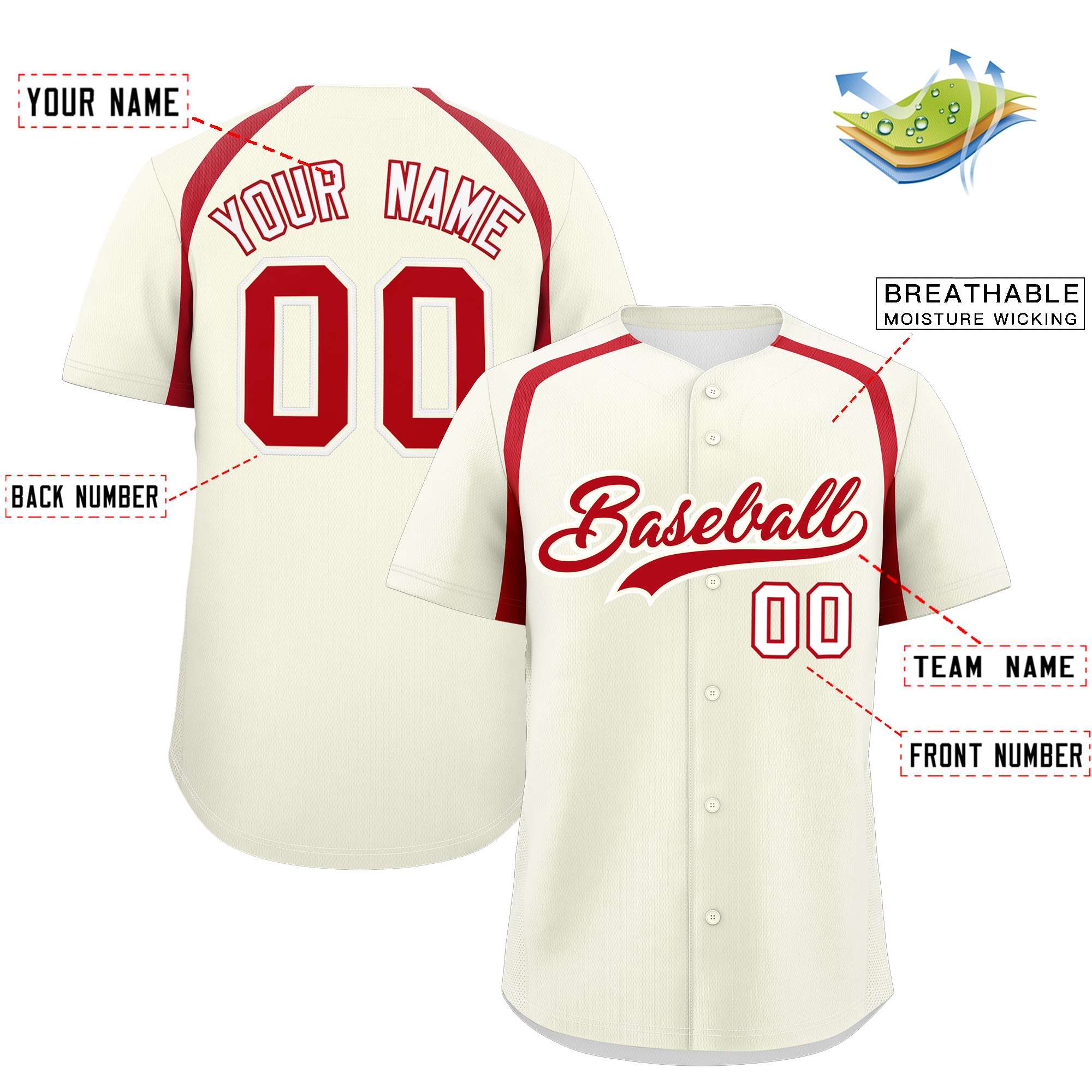 Custom Cream Red Personalized Color Block Authentic Baseball Jersey