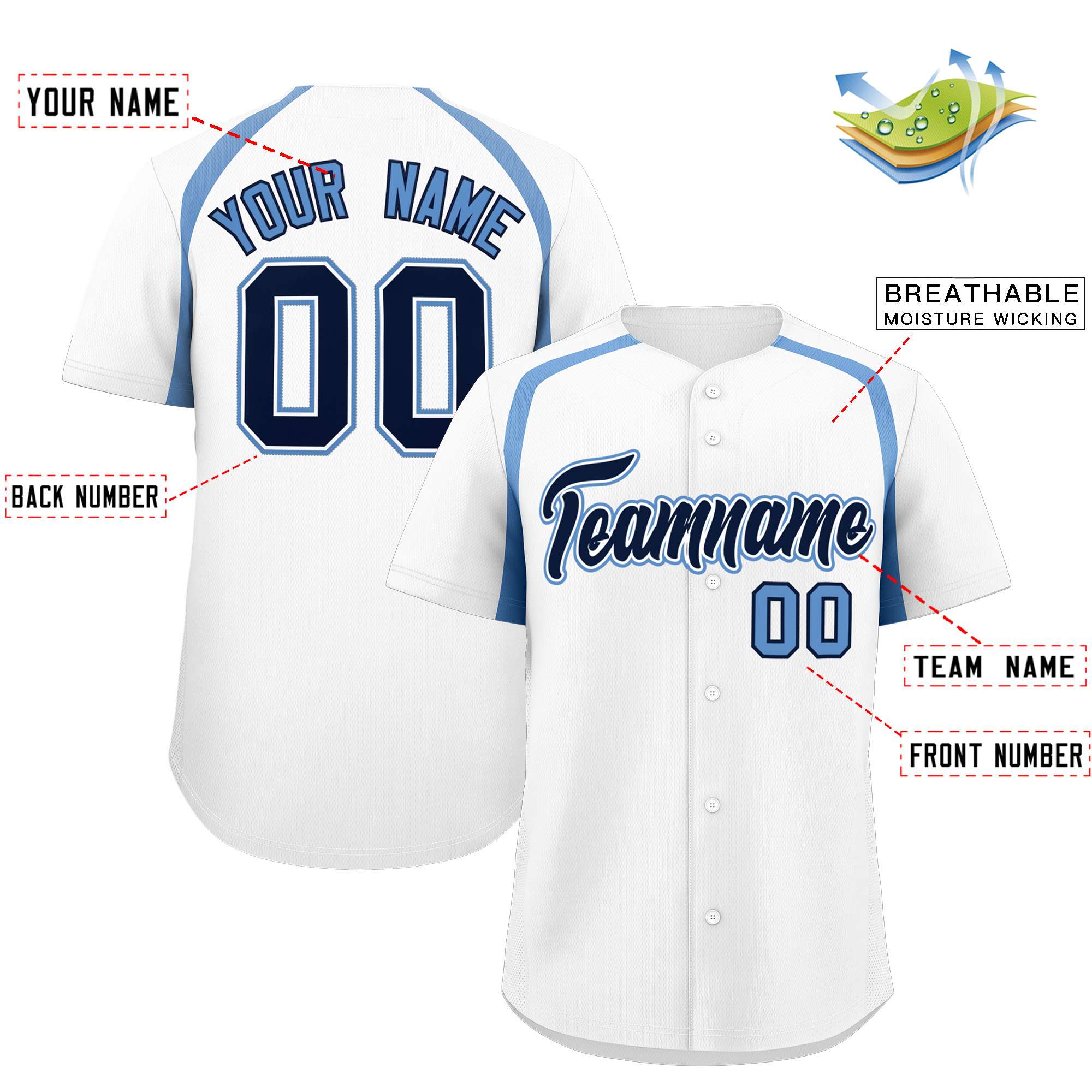 Custom White Light Blue Personalized Color Block Authentic Baseball Jersey