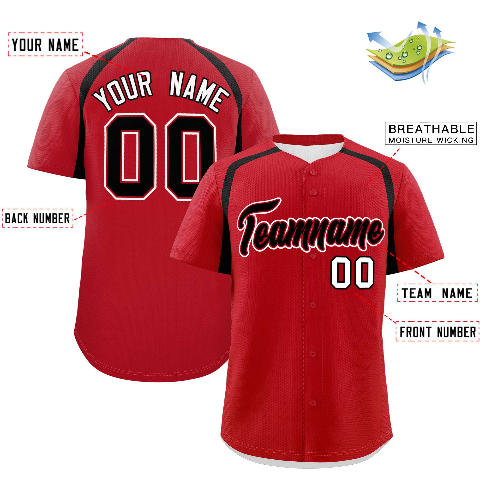 Custom Red Black Personalized Color Block Authentic Baseball Jersey