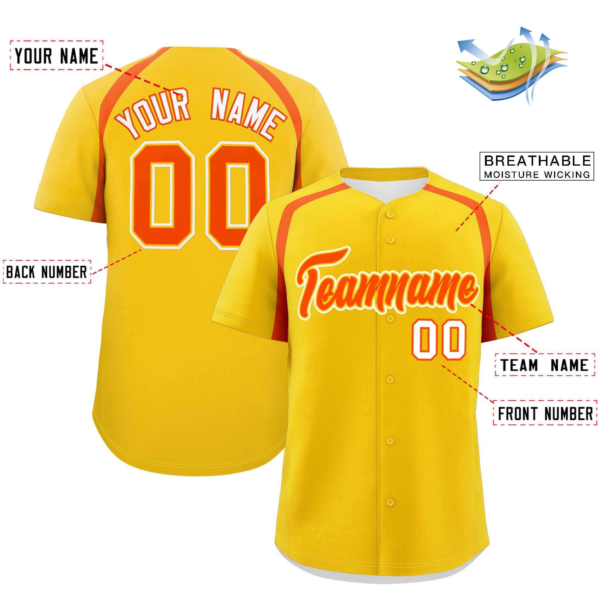 Custom Gold Orange Personalized Color Block Authentic Baseball Jersey