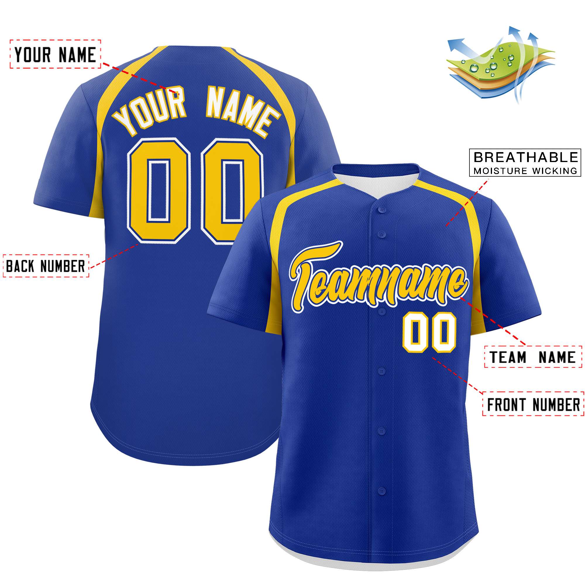 Custom Royal Gold Personalized Color Block Authentic Baseball Jersey