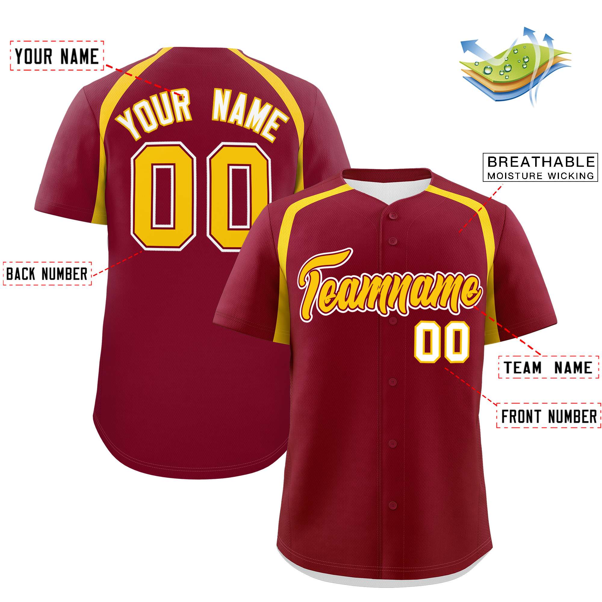 Custom Crimson Gold Personalized Color Block Authentic Baseball Jersey