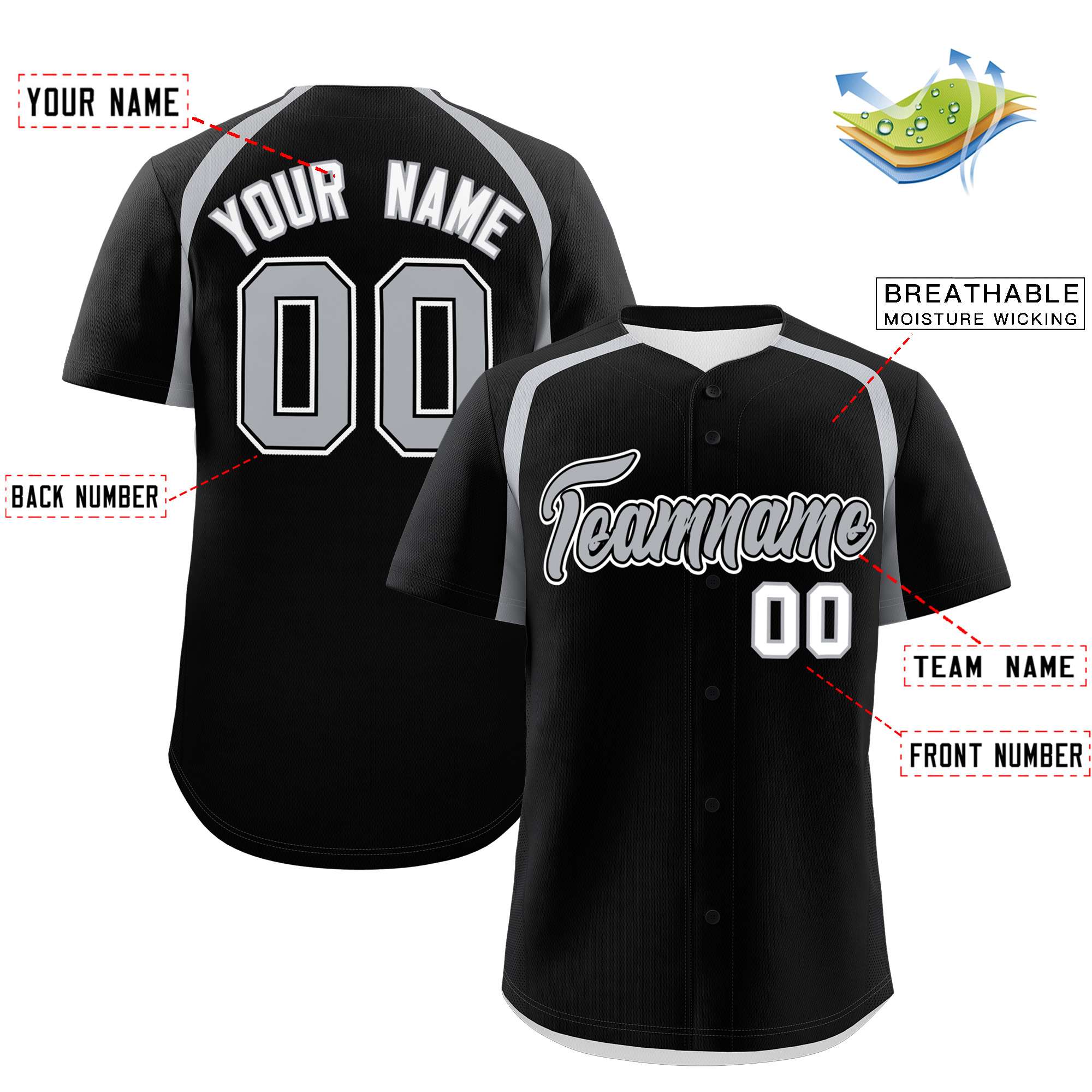 Custom Black Silver Personalized Color Block Authentic Baseball Jersey