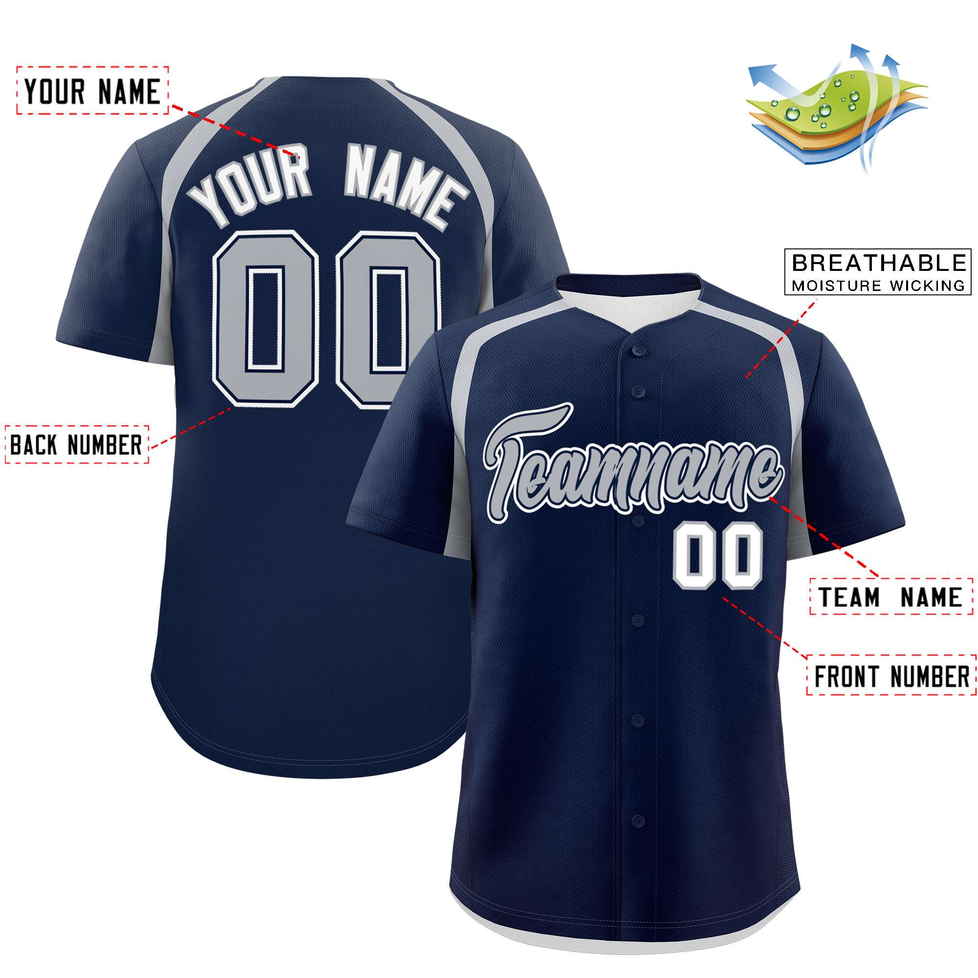 Custom Navy Silver Personalized Color Block Authentic Baseball Jersey