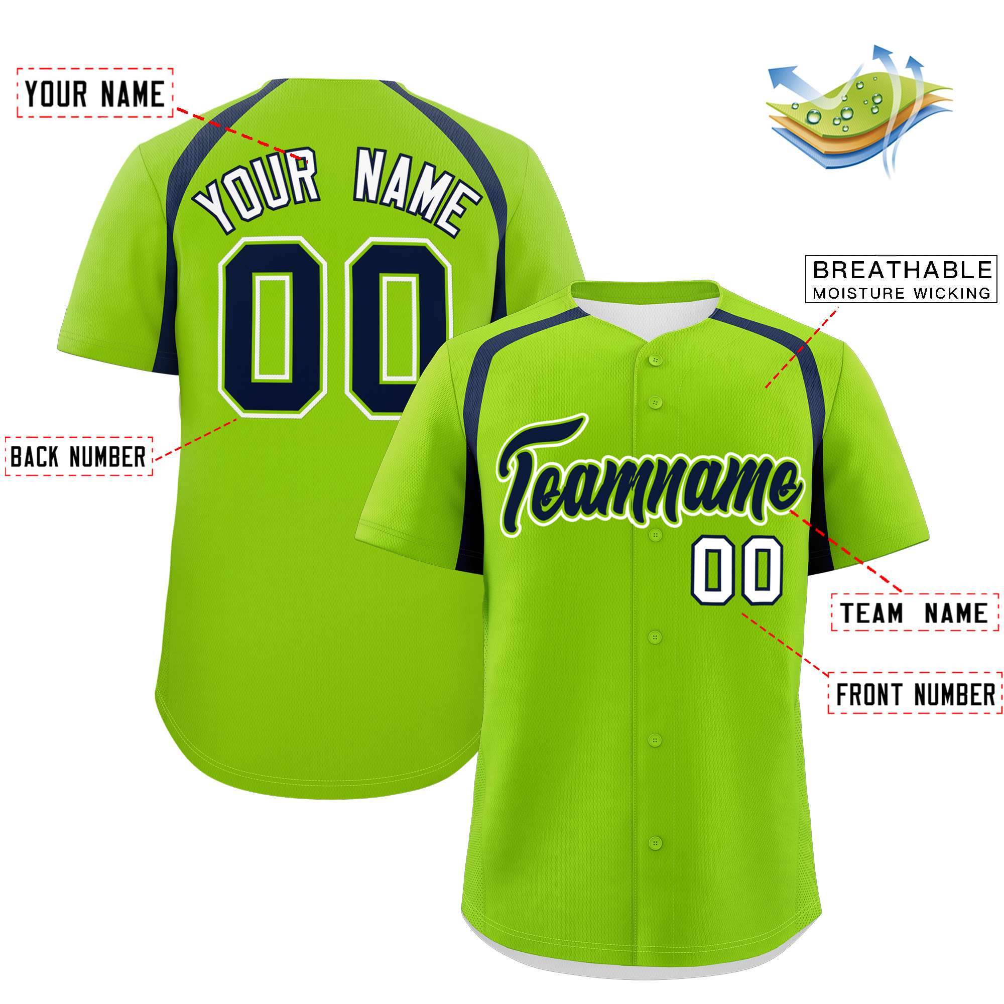 Custom Neon Green Navy Personalized Color Block Authentic Baseball Jersey