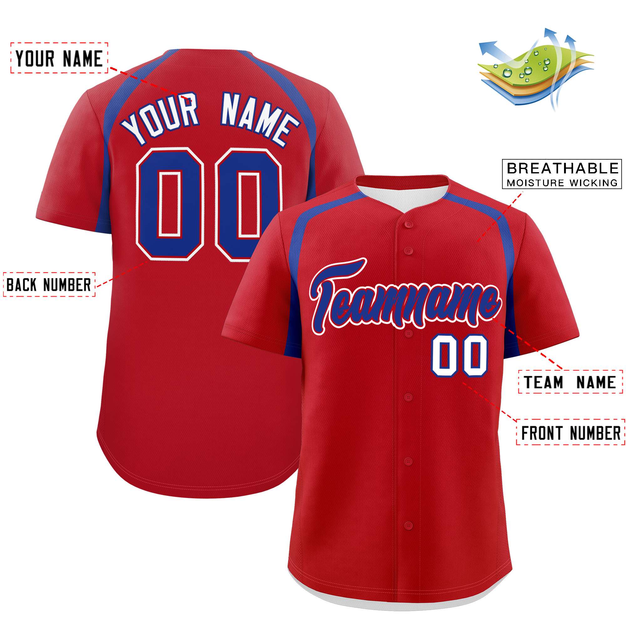 Custom Red Royal Personalized Color Block Authentic Baseball Jersey