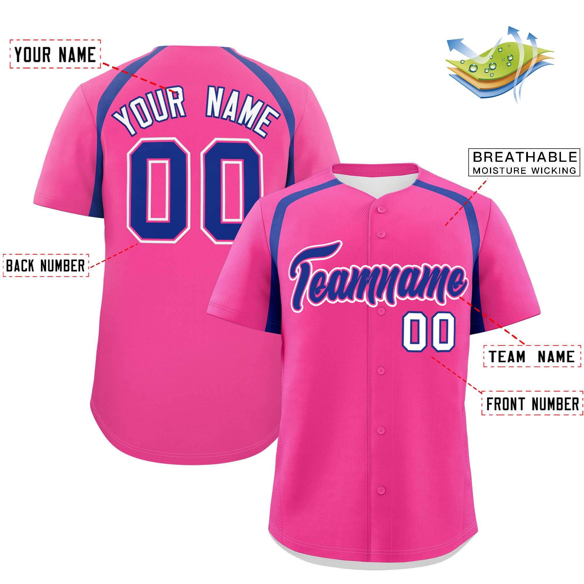 Custom Pink Royal Personalized Color Block Authentic Baseball Jersey