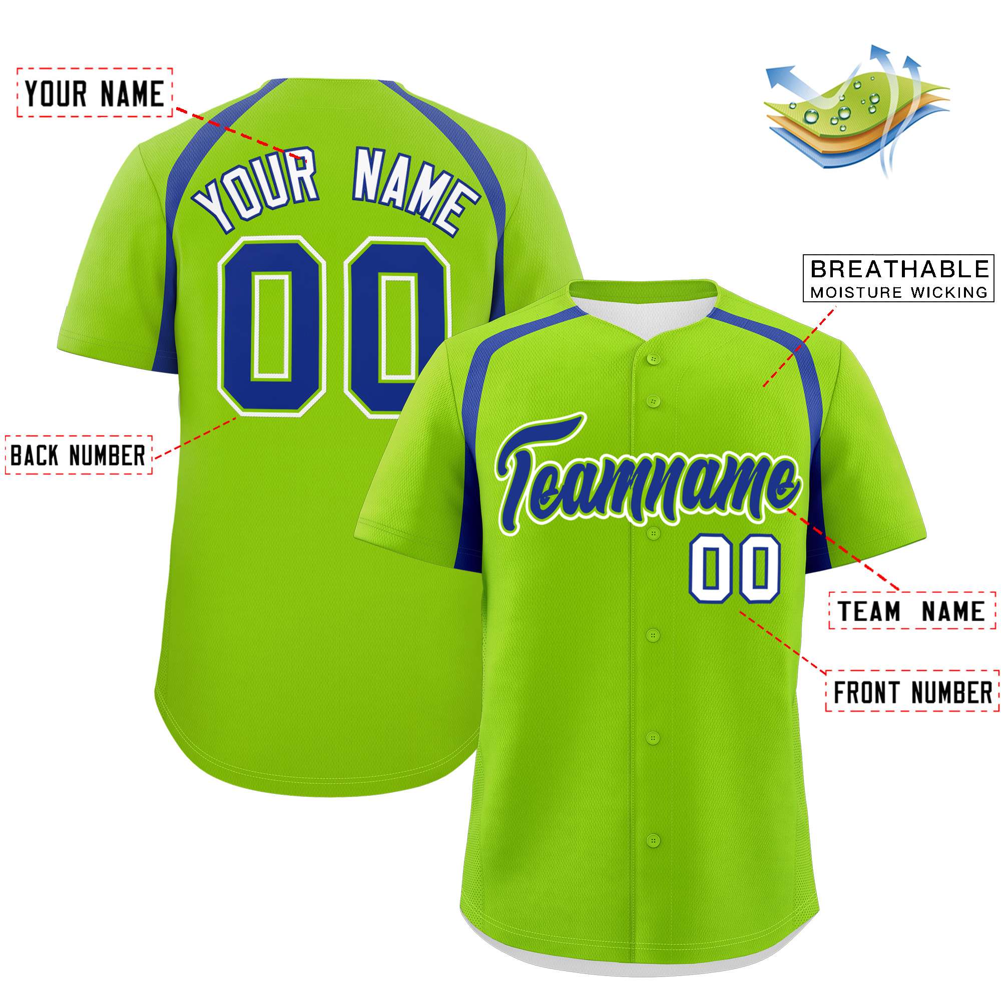 Custom Neon Green Royal Personalized Color Block Authentic Baseball Jersey