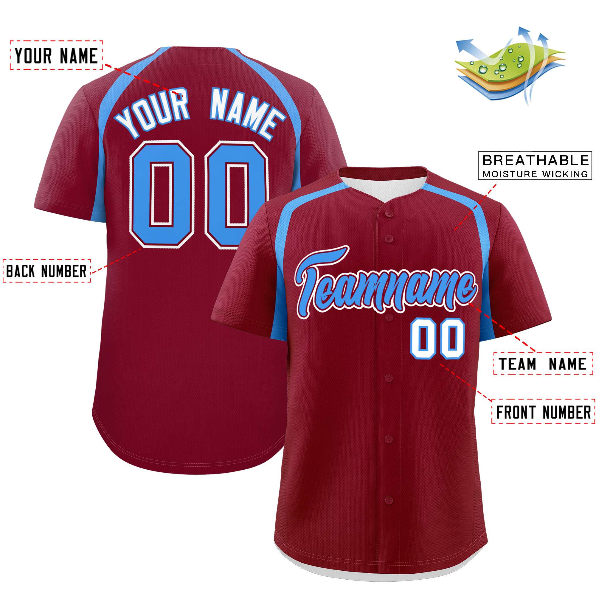 Custom Crimson Powder Blue Personalized Color Block Authentic Baseball Jersey