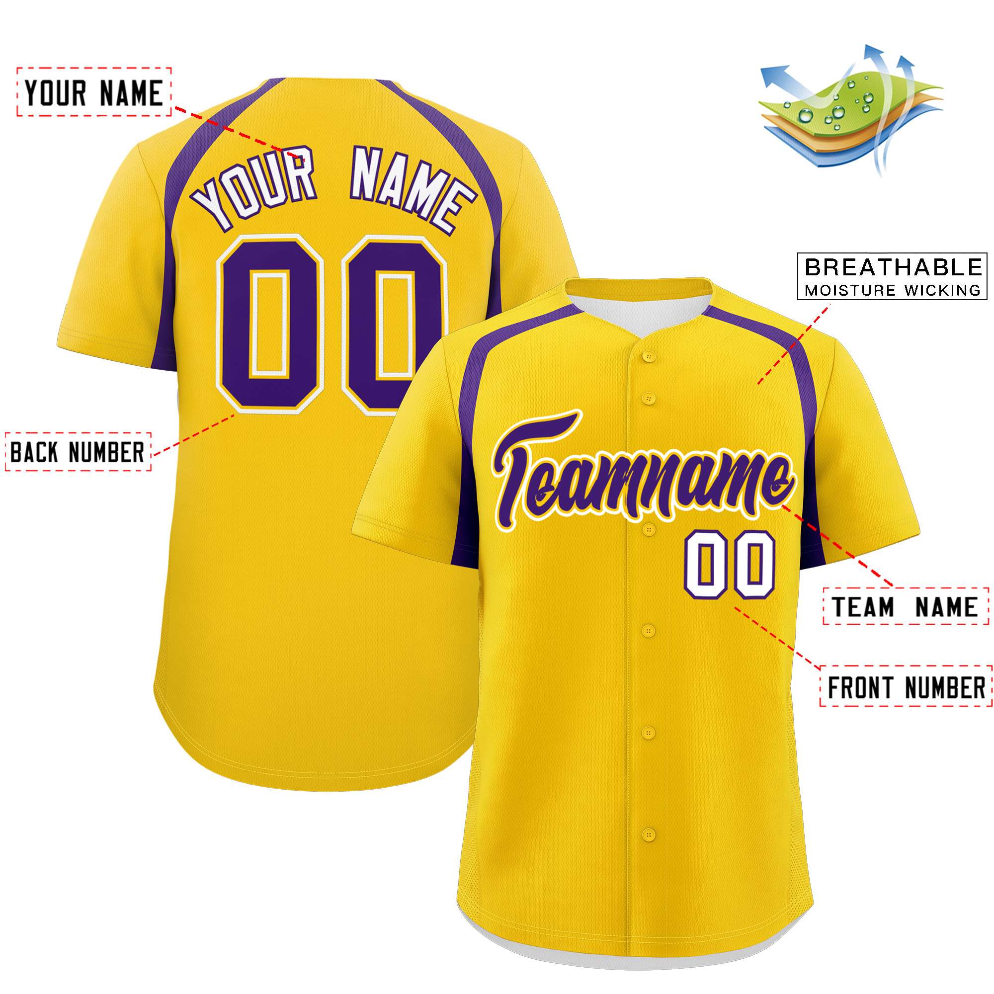 Custom Gold Purple Personalized Color Block Authentic Baseball Jersey