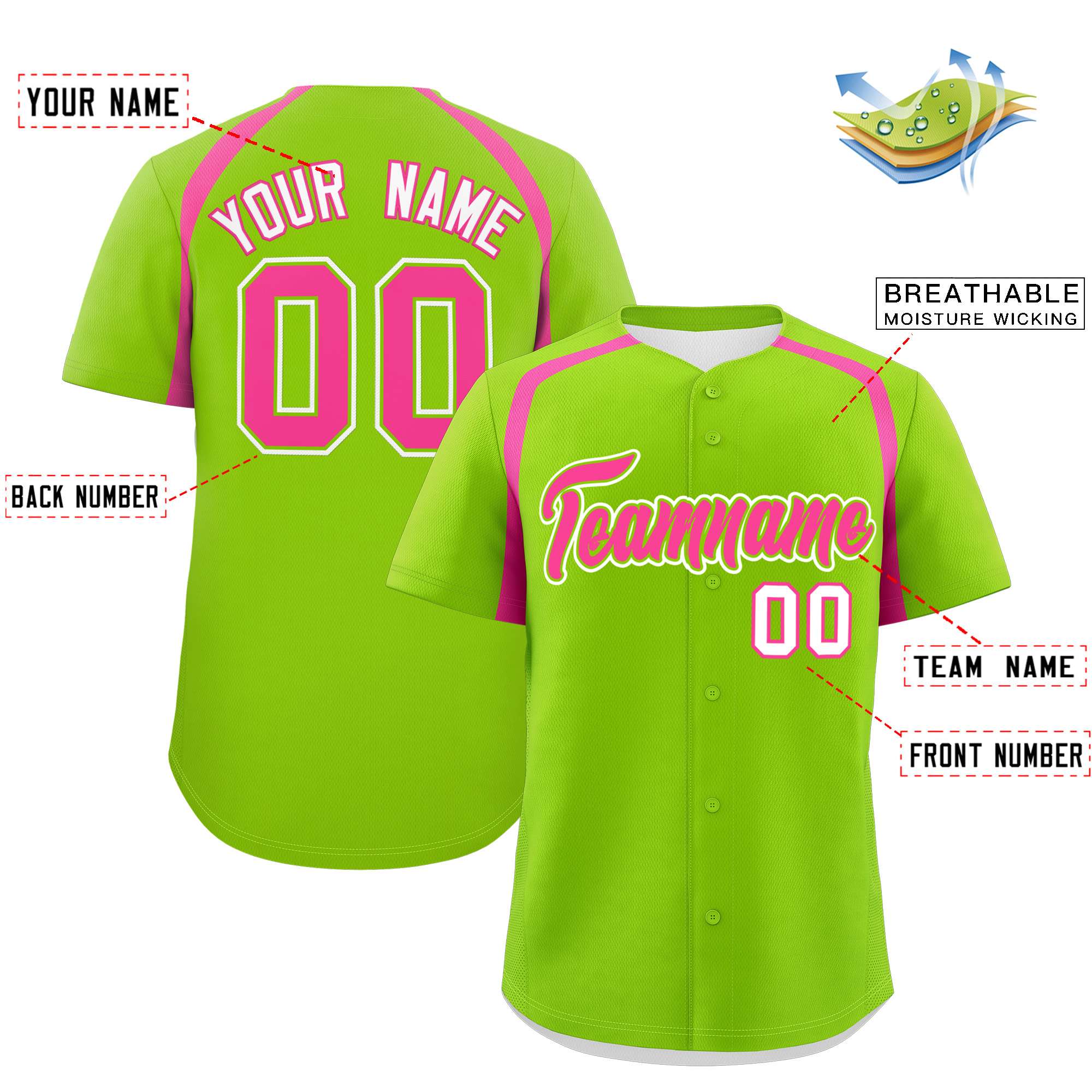 Custom Neon Green Pink Personalized Color Block Authentic Baseball Jersey