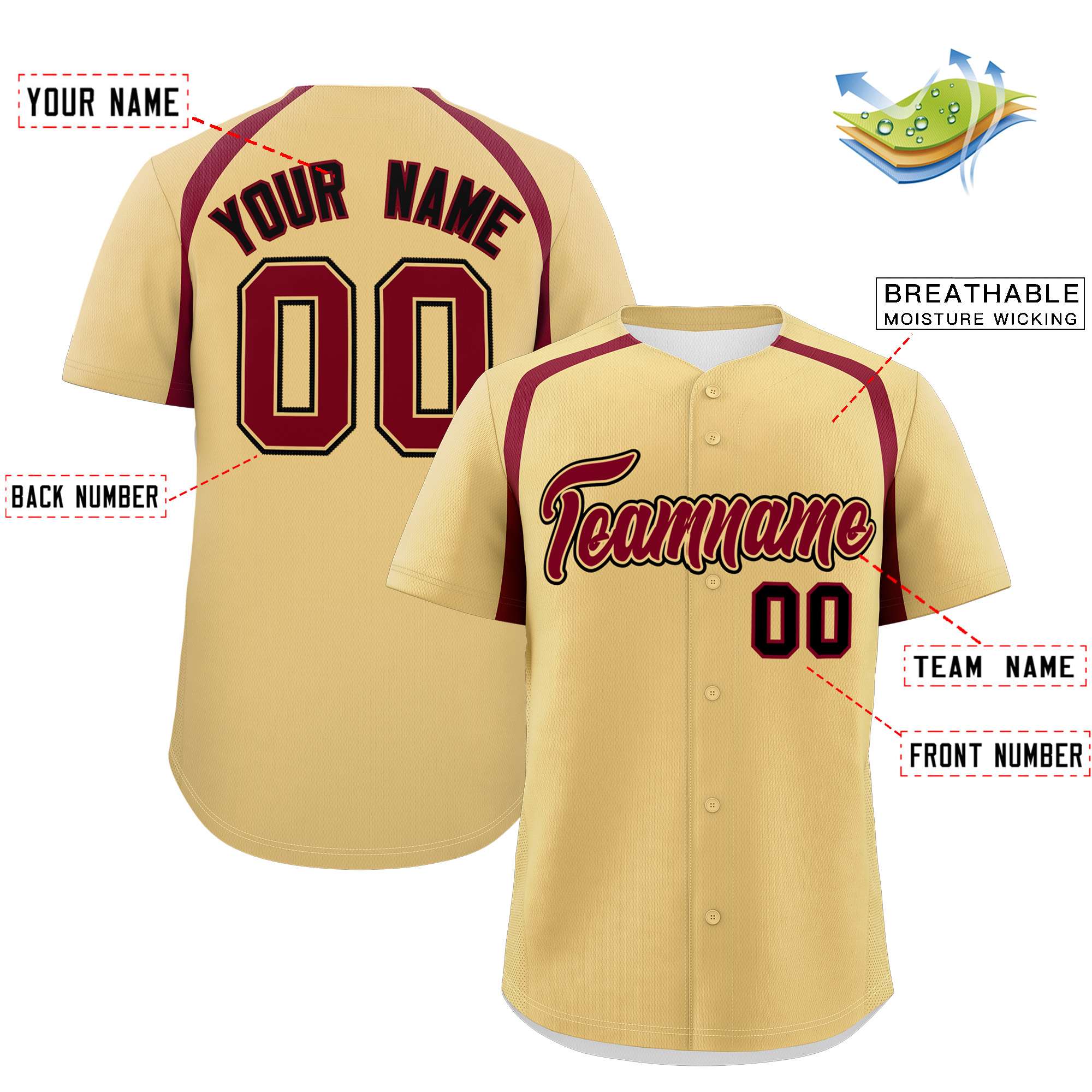 Custom Khaki Crimson Personalized Color Block Authentic Baseball Jersey