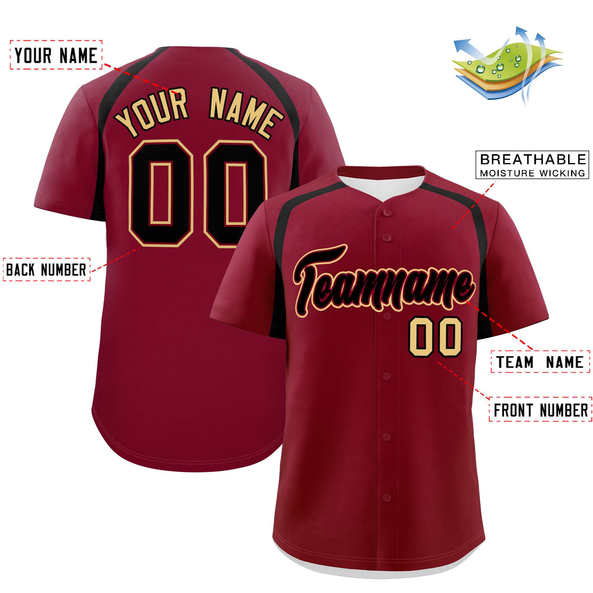 Custom Crimson Black Personalized Color Block Authentic Baseball Jersey