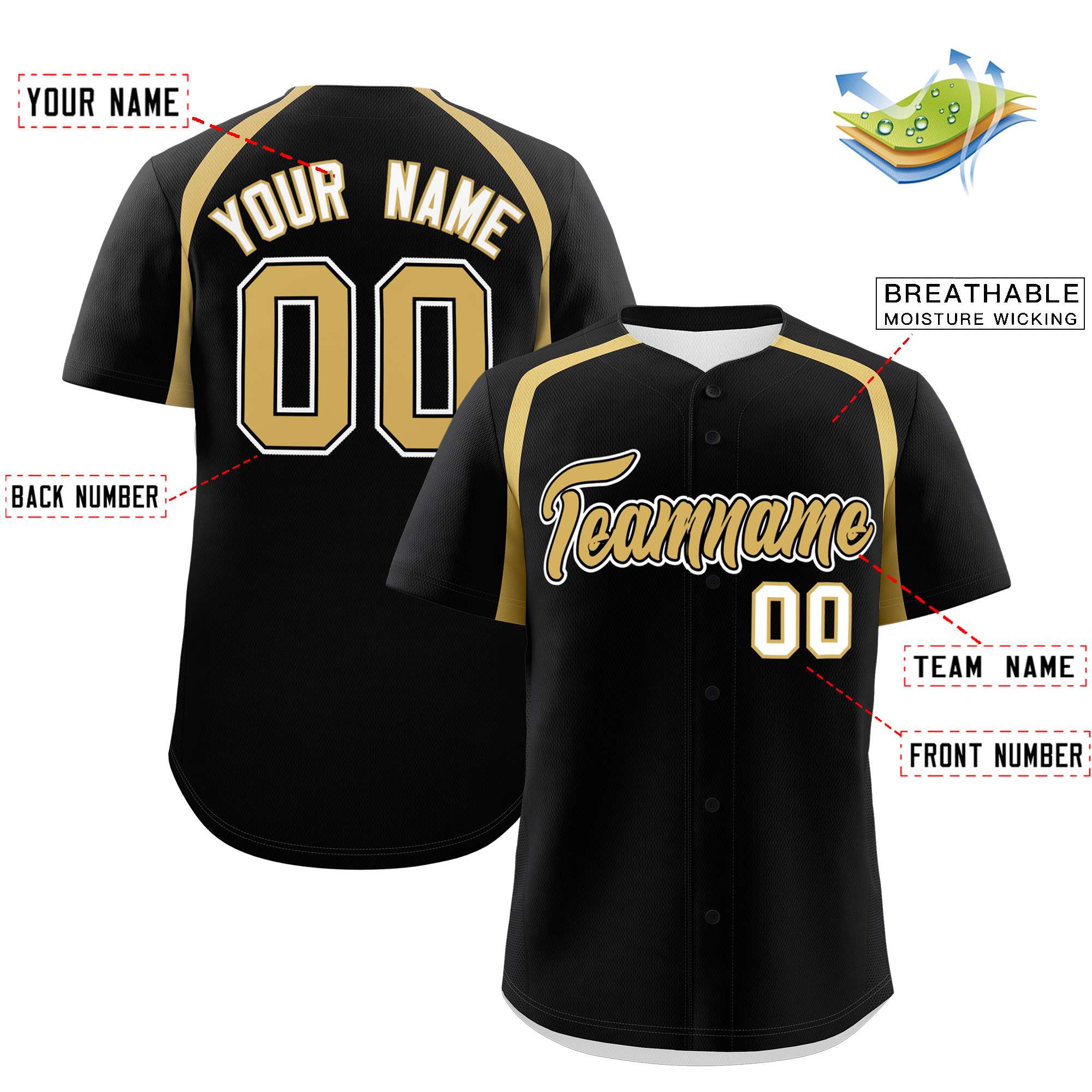 Custom Black Old Gold Personalized Color Block Authentic Baseball Jersey