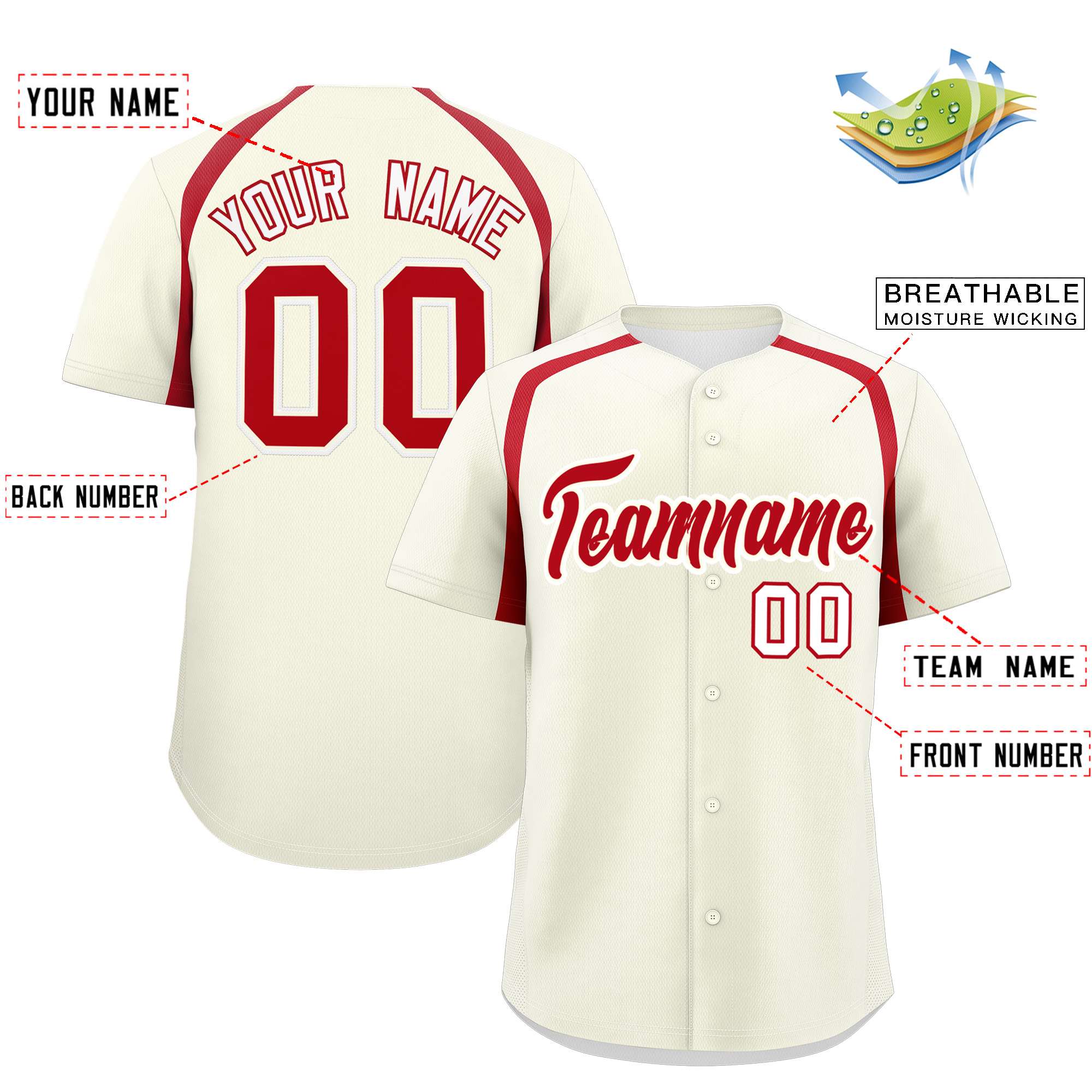 Custom Cream Red Personalized Color Block Authentic Baseball Jersey