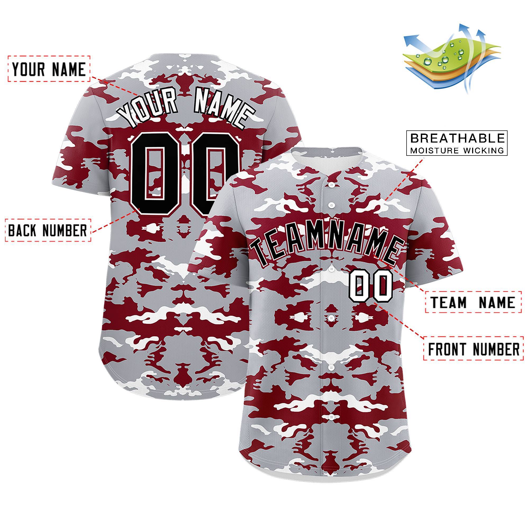 Custom Gray White-Crimson Personalized Camo Design Authentic Baseball Jersey