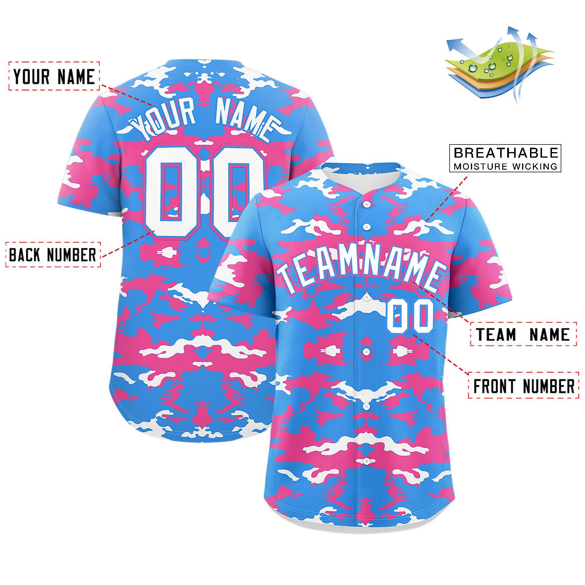 Custom Powder Blue Pink-White Personalized Camo Design Authentic Baseball Jersey